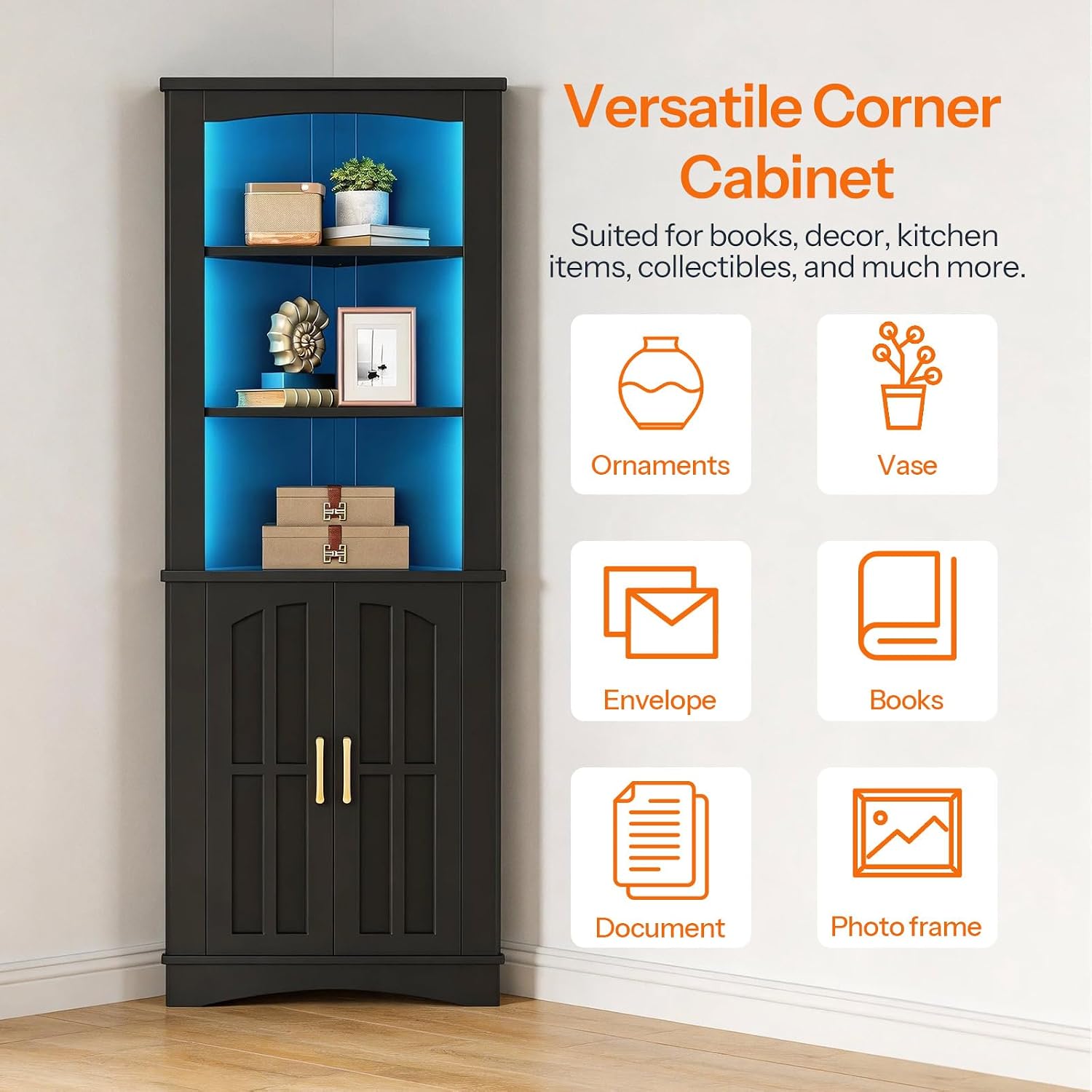 HOOBRO Corner Cabinet with LED Lights, 67.3" Tall Farmhouse Corner Storage Cabinet with Doors and Storage Shelves, 5-Tier Corner Bathroom Cabinet, for Living Room, Kitchen, Black BK74DCJ01
