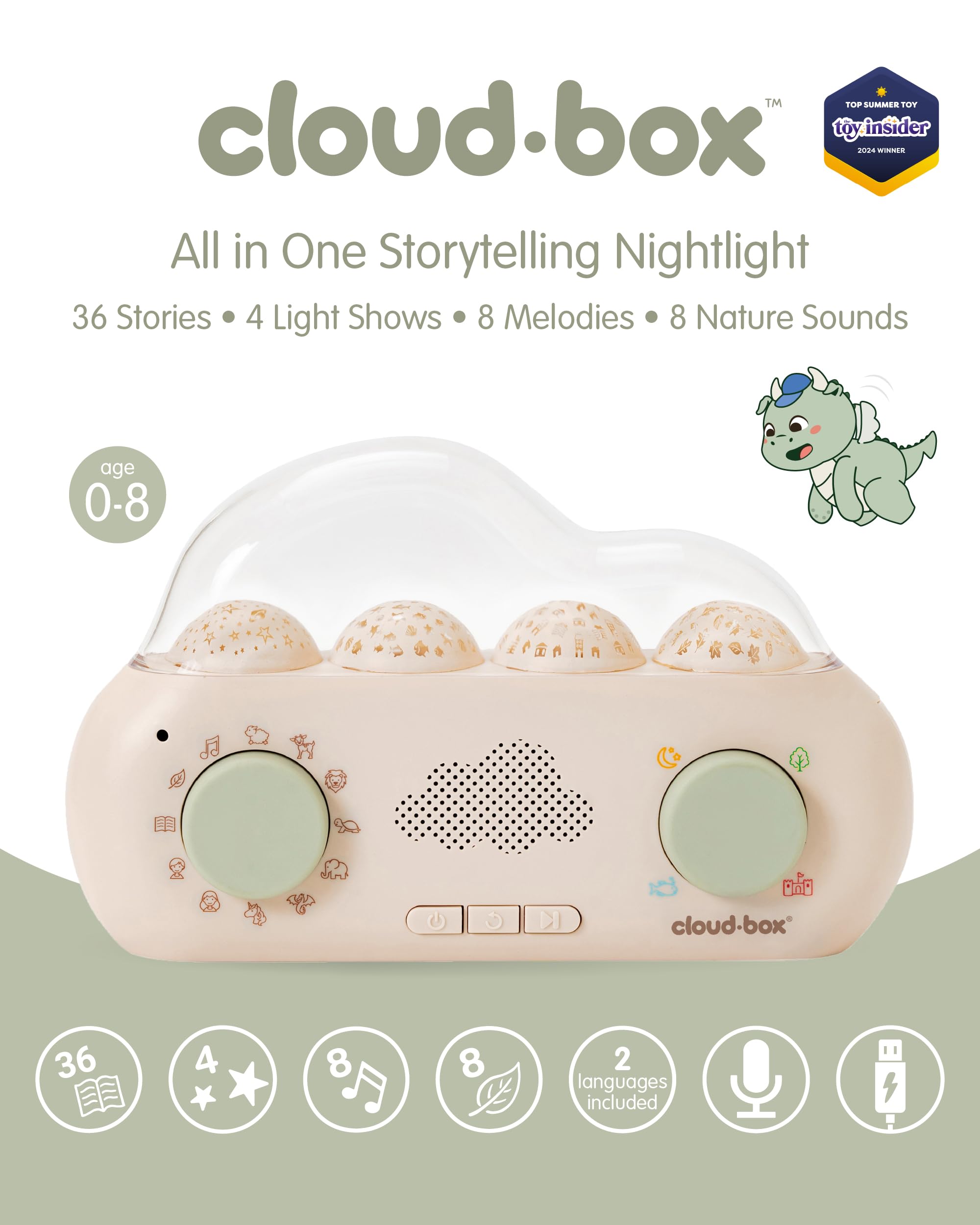 Cloud B CloudBox - Mi Primera Caja de sueños | Proyector Luz Nocturna y Cuentacuentos | 36 Cuentos Originales, 8 Melodías y 8 Ruidos Blancos | Recargable con Configuración Ajustable | Español/Inglés