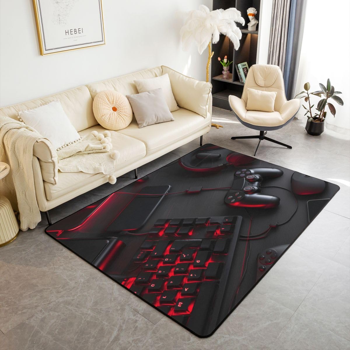 Homewish Dywan dla chłopców, do sypialni, gracza, salonu, 150 x 200 cm, klawiatura, kontroler do gier, mysz, duża mata podłogowa, do jadalni, akademika, 150 x 200 cm, czarny