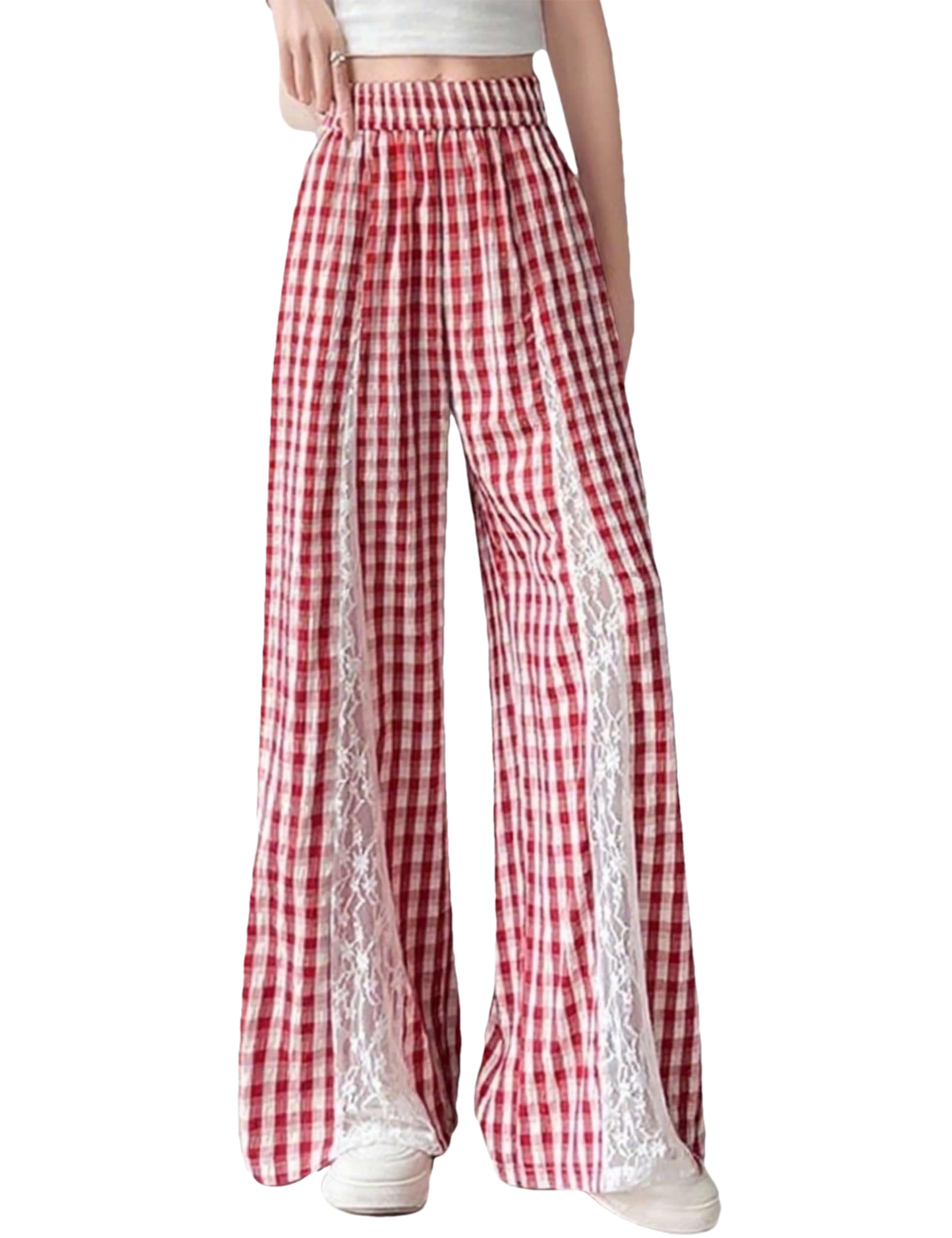 Womens Plaid Wide Leg Pants Lace Patchwork Gingham Pants High Waist Palazzo Lounge Trousers with Pockets