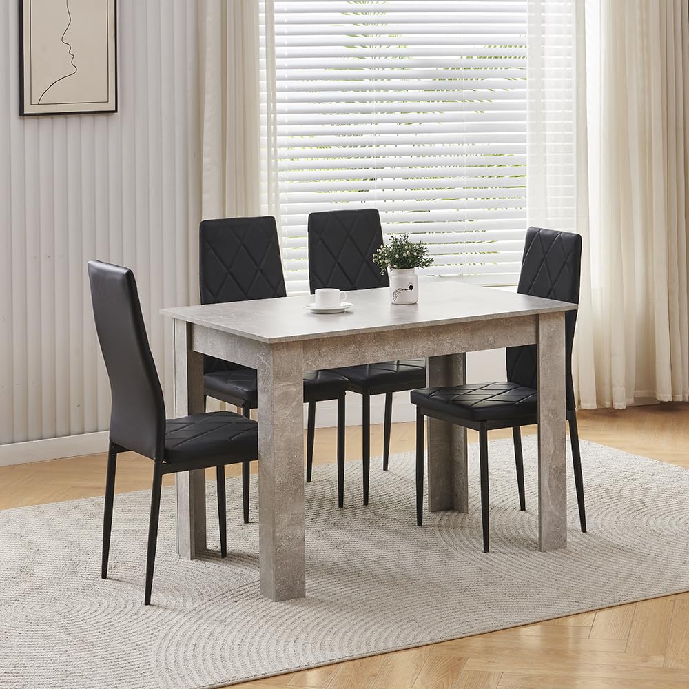 Menaka Wood Dining Table and Chairs Set of 4, Small Rectangular Kitchen Dinner Table with 4 Seaters (argyle grid black leather chairs, 110cm grey marble table, 4 seaters) — image 1