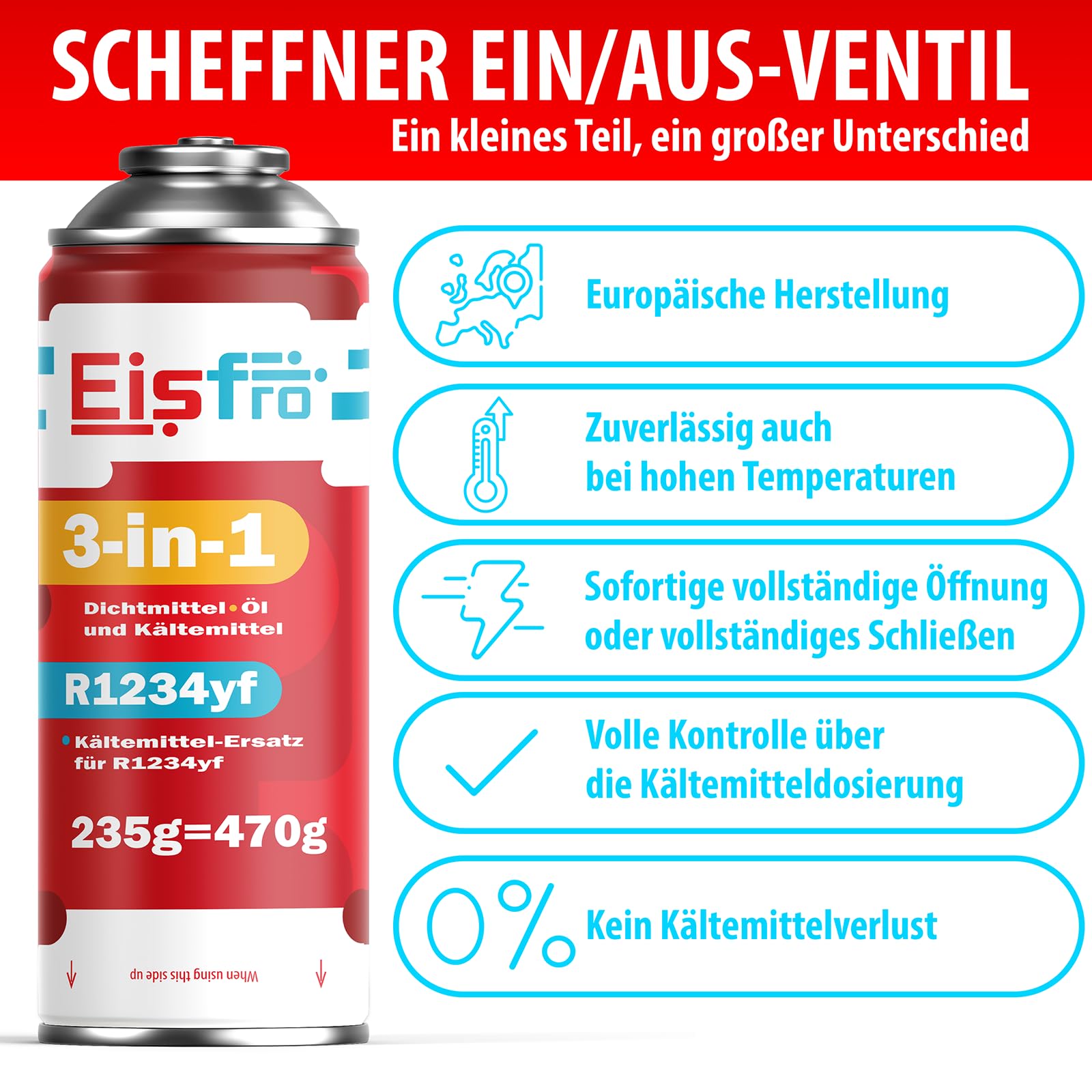 3in1 R1234yf Klimaanlage Nachfüllset – 1 x 3in1 Gas mit Füllschlauch und YF Adapter – Auto Klimaanlage Nachfüllen – 235 g