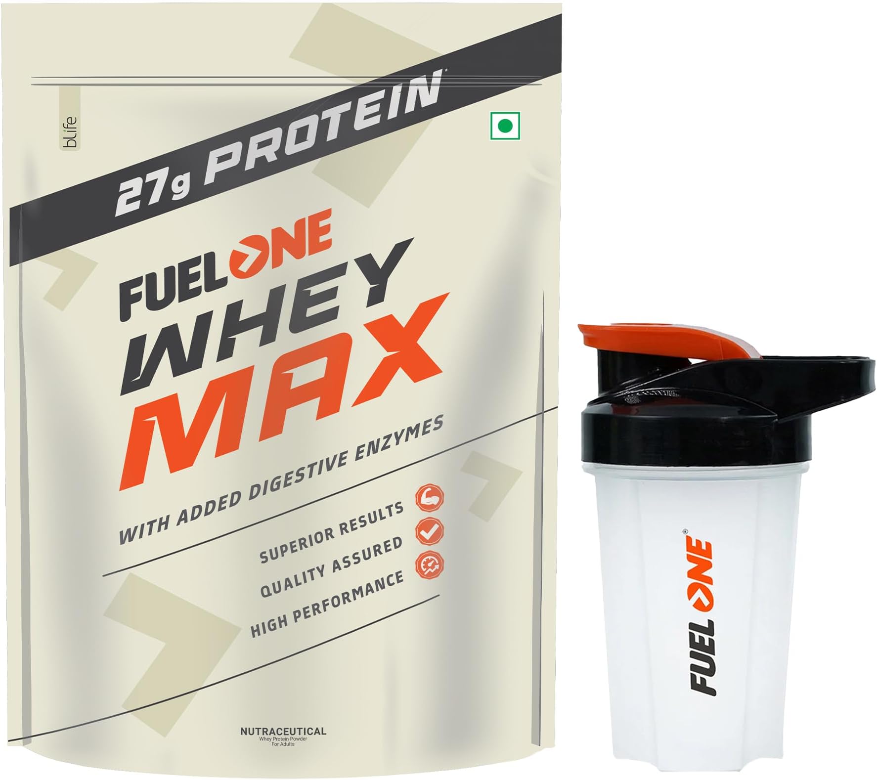 FUELONE Whey Max, Whey Protein Concentrate & Whey Protein Isolate, 27g Protein (Mango, 1kg / 2.2lb) with Shaker (Black, 500ml)
