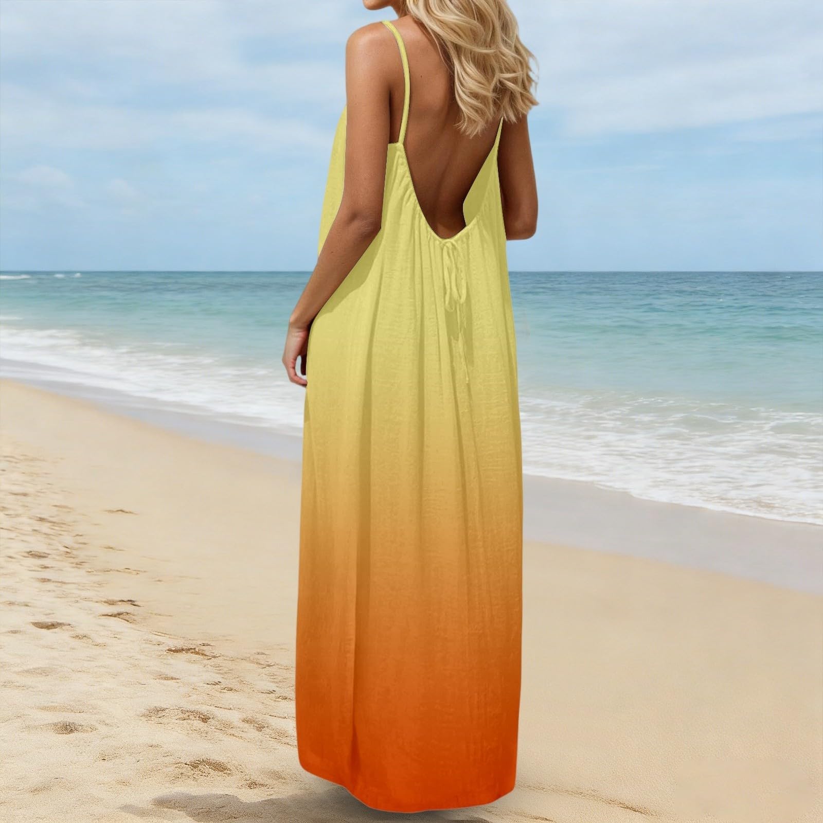 Casual 2026 Vacanza Sundresses per le Donne Trendy Sciolto Backless Spiaggia Estate Sundresses Party Primavera Gradiente Camisole Carino Ritorno a casa Flowy Club Elegante Abiti da sole Modesto Estate