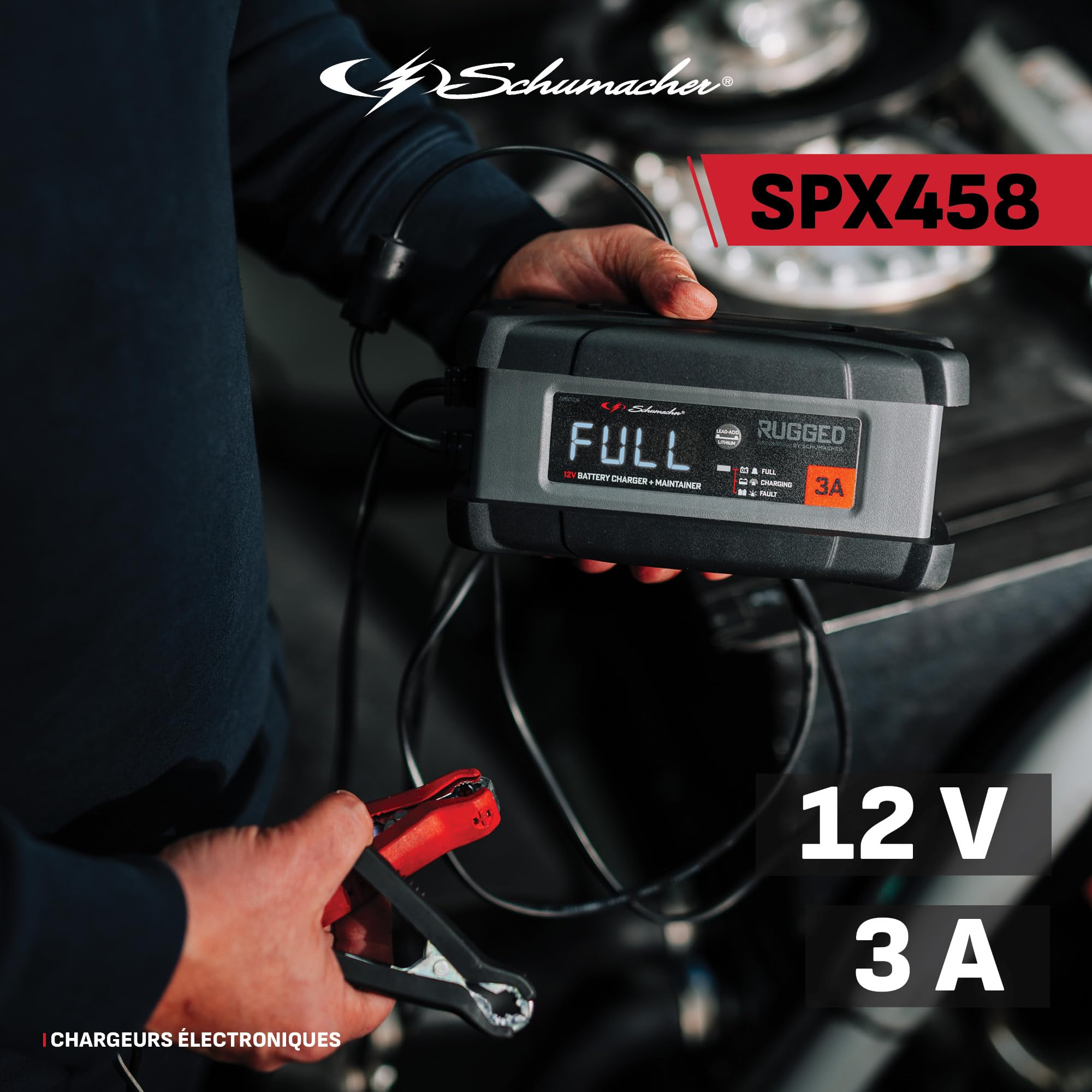 Schumacher Rugged SPX 458 Chargeur - Maintien Charge Automatique Intelligent 12V, 3A - pour Moto, Voiture, Bateau, Jet-Ski, Quad, Tondeuse, Mini Tracteur - IP54 (poussière et humidité ambiante)