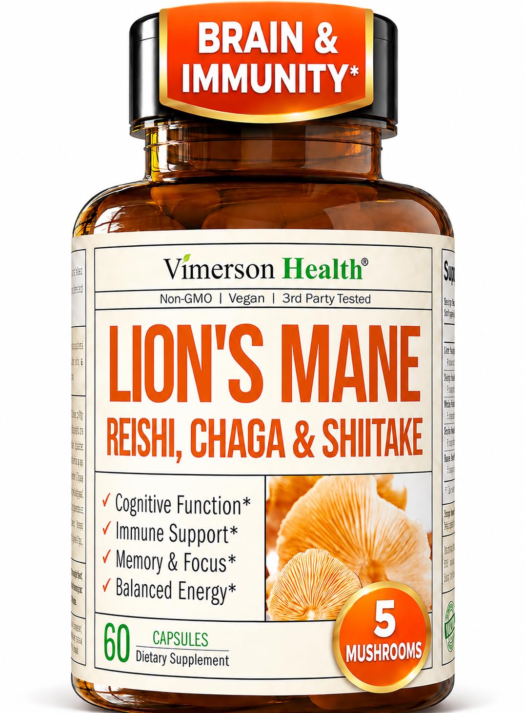 Lions Mane Supplement Capsules with Chaga, Reishi, Shiitake for Focus 60ct