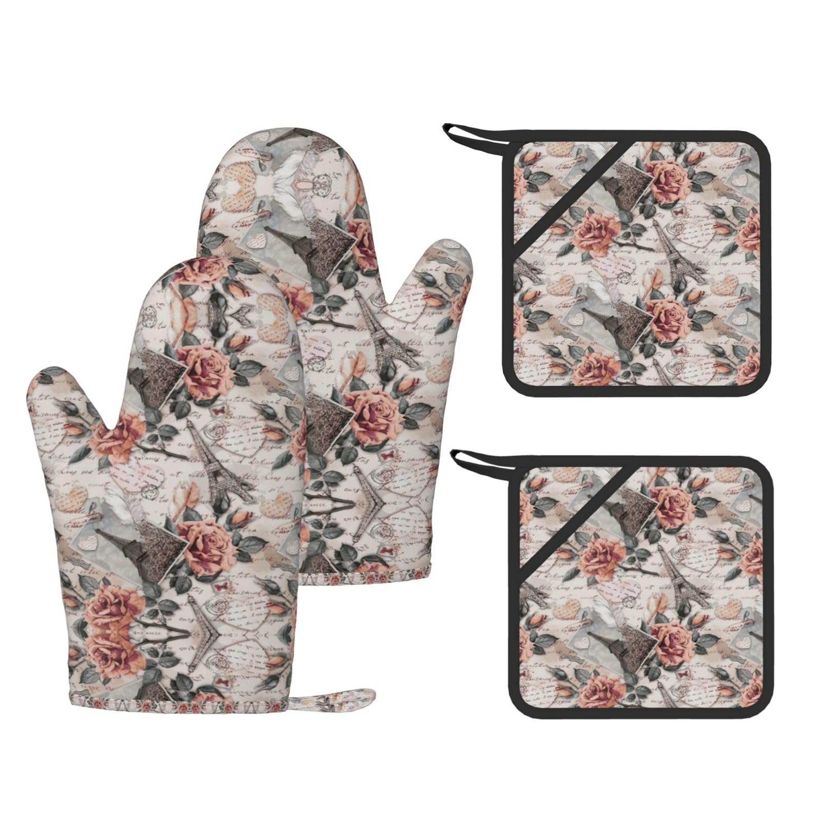 Flower Paris Eiffel Tower Printed Oven Mitts and Pot Holders Set of 4, Heat Resistant Silicone Gloves for Baking Grilling