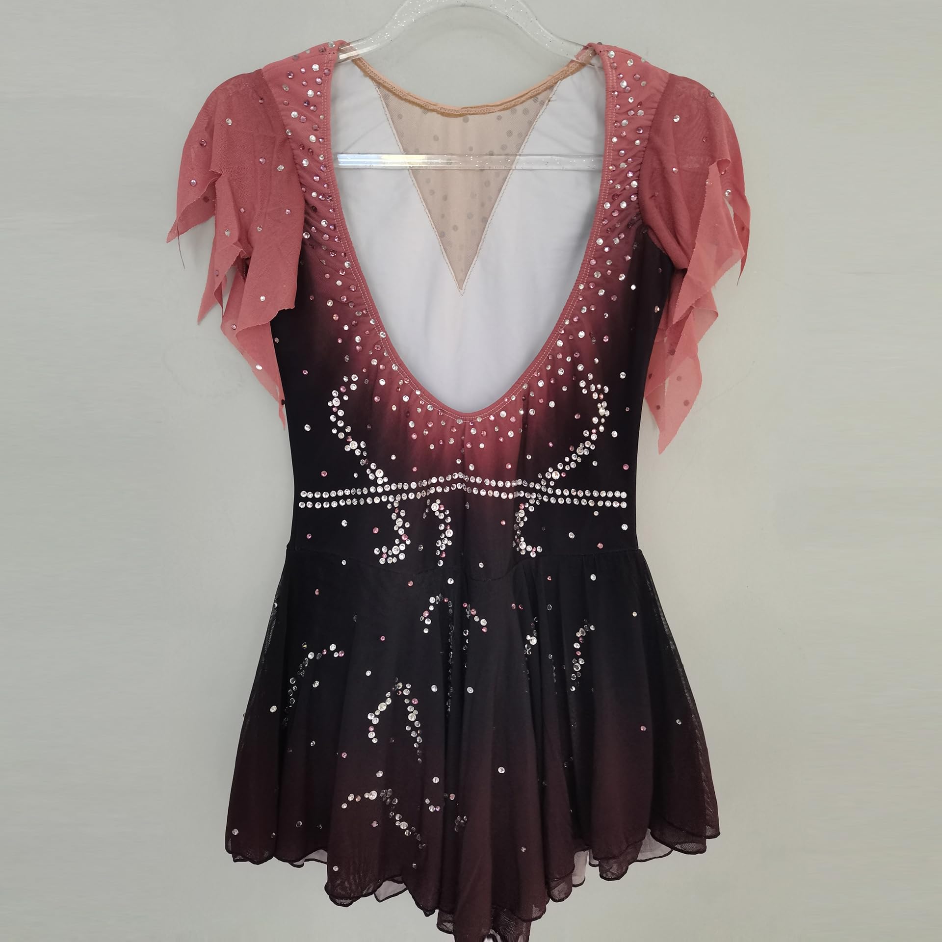 LIUHUO Patinaje Artístico Vestido Rojo-Marrón Brillante Rhinestone Chica Competición Rendimiento