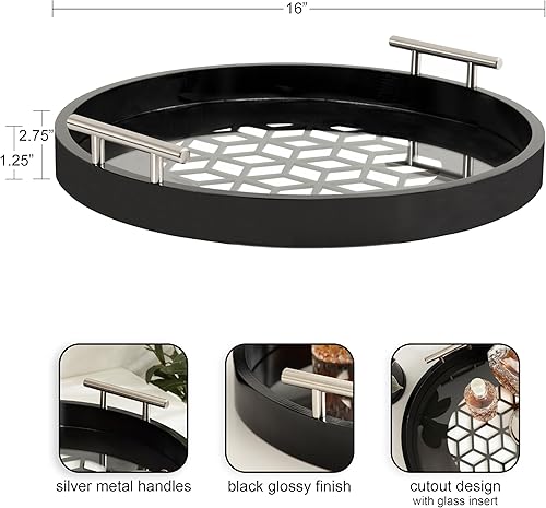 Miniatura 2 de Kate and Laurel Caspen Bandeja redonda decorativa con asas de metal plateado 16 x 16 negro y plateado moderna bandeja de servir glamorosa con asas