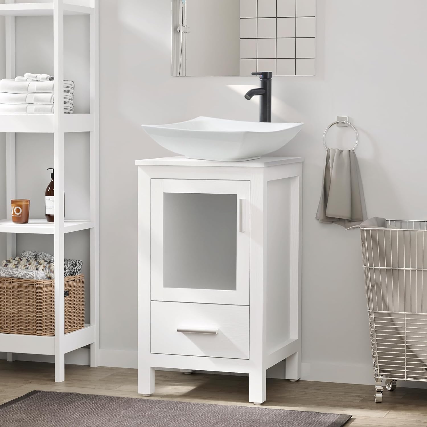eclife 18" Small Bathroom Vanity Sink Combo Modern Freestanding Cabinet W/Matte Glass Door & Drawer White Curved Ceramic Vessel Sink & Water Save Faucet & Pop Up Drain, White (T32)
