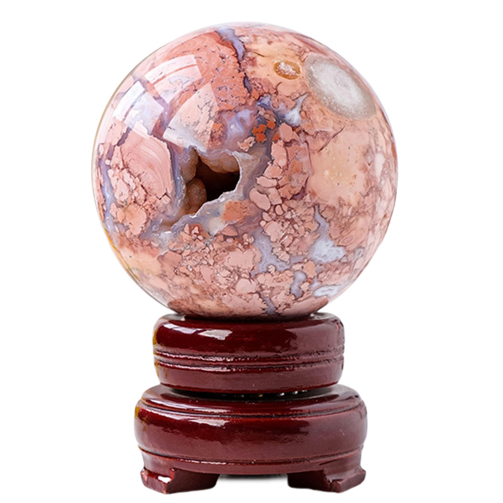 PKNVKZIDK Druzy Agate Geode Sphere Quartz Crystal Figurines with Wood Stand for Divination Home Office Decoration Yoga,70-75mm