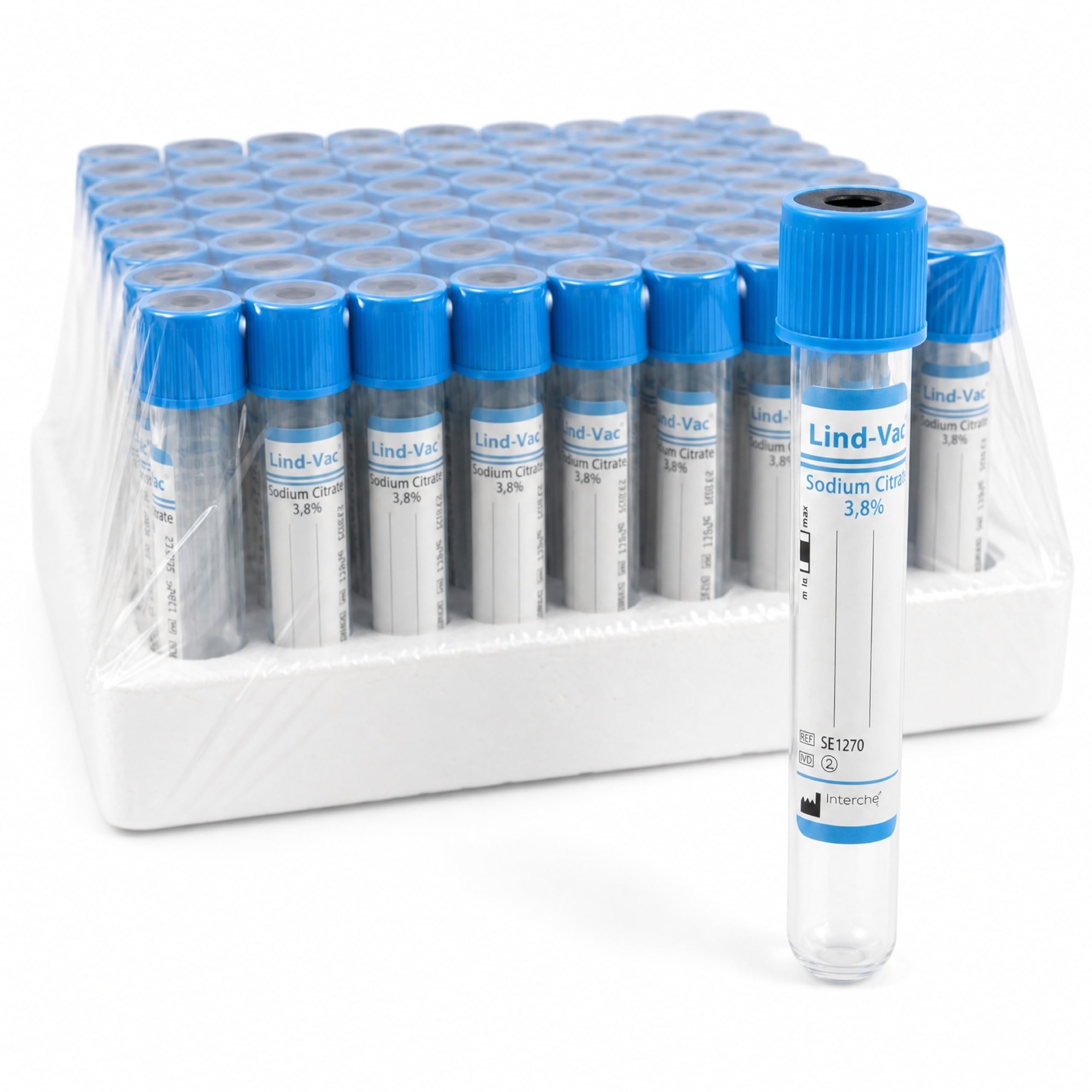 KMINA Tubos de Vacío (100 unidades) Citrato Sódico 3,8%, Aditivo Anticoagulante, 4,5 ml, 13 x 75 mm, Tapón Azul, Estériles, Para Muestras de Sangre, Uso Profesional