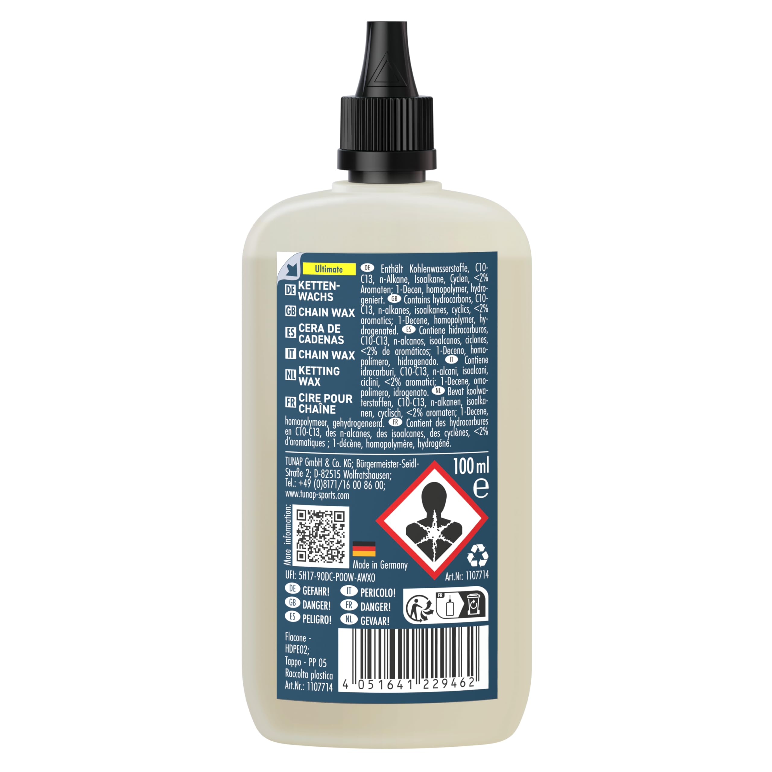 TUNAP SPORTS Flacone contagocce Ultimate – 100 ml | Matrice di cera grassa con particelle di ceramica per catene di biciclette | E-Bike Ready | Made in Germany