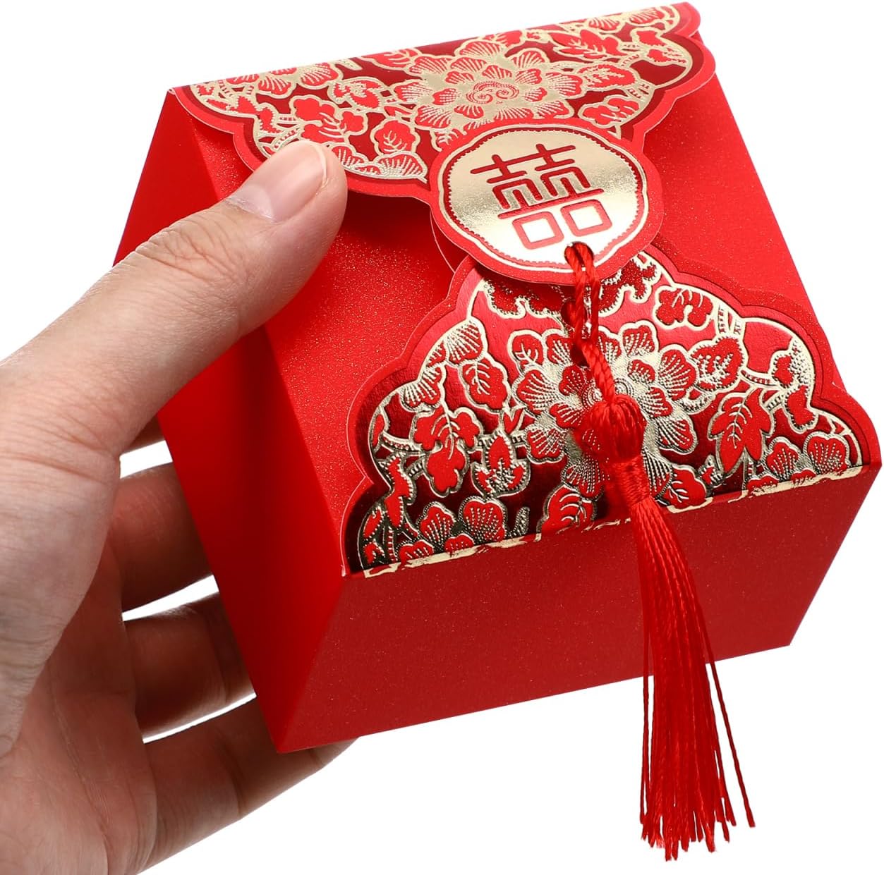20pcs Wedding Candy Boxes Chinese Style Wrapping Box with Tassel Paper Treat Boxes Party Treat Containers Wedding Engagement Party Favors Red 3X3X2 Inches - Image 3