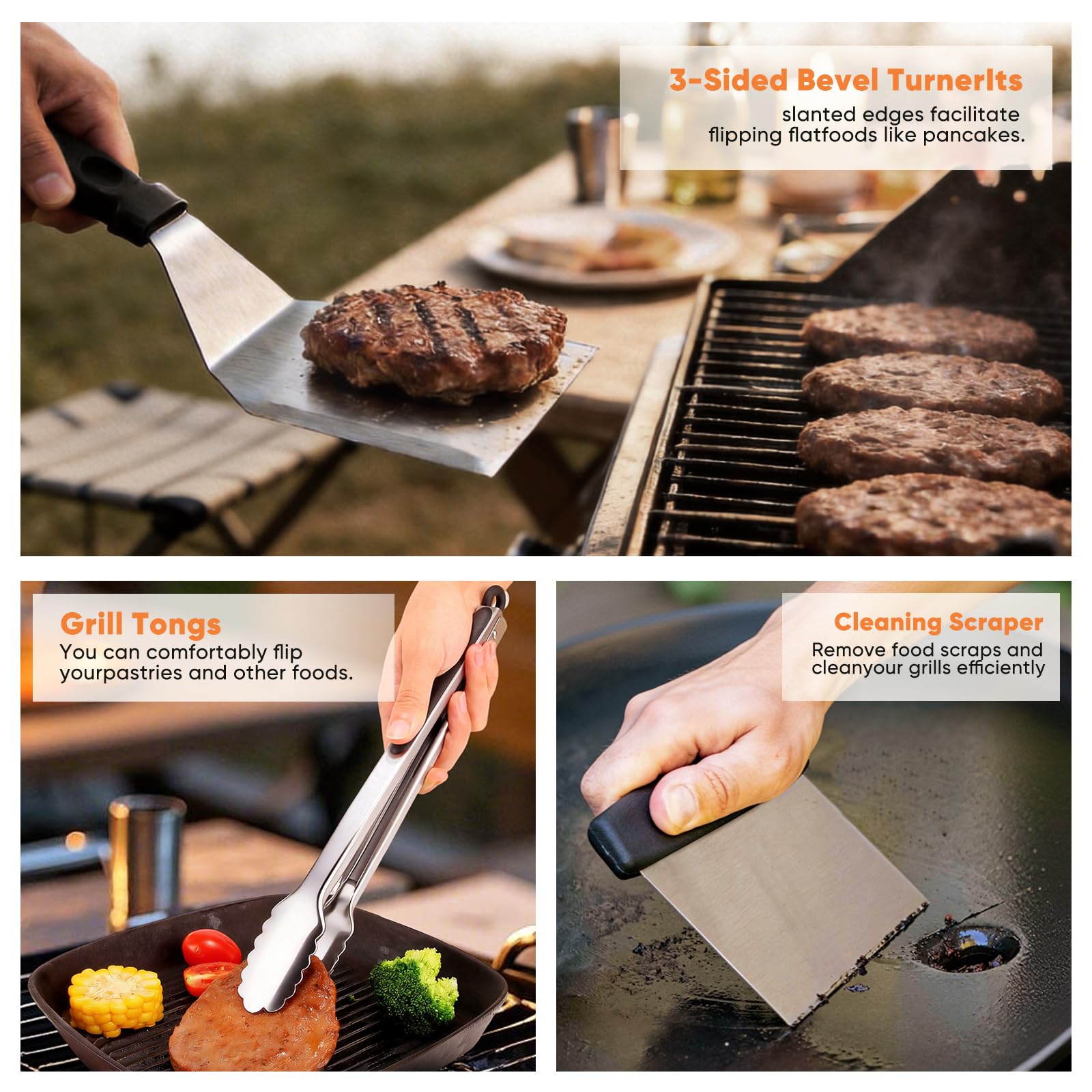 Mavivegue Kit di 28 accessori per piastra Hibachi professionale, set di spatole in metallo con pressa per hamburger, coperchio per ungere, cupola di fusione, pinze, borsa per il trasporto per barbecue