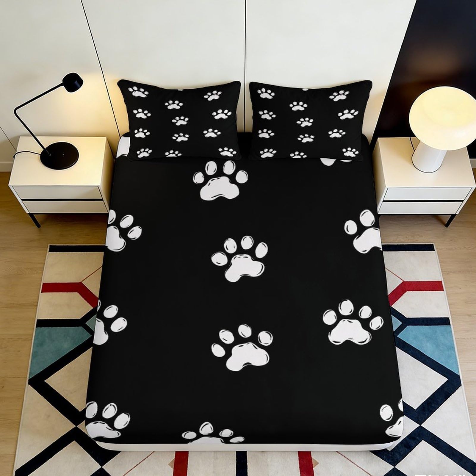 3D Printed Cute Paw Fitted Sheet Microfiber Deep Pocket Bedroom Bedding Paw Mattress Fitted Cover Full Wrap Washable 90x200x25cm