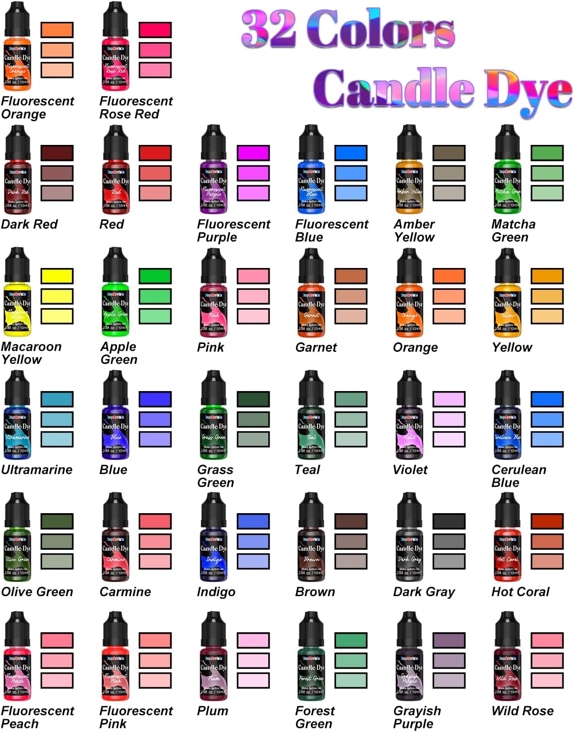 FansArriche Candle Dye - 32 Colors Liquid Oil-Based Dye for Candle Wax, Vivid Candle Color for DIY Candle Making, Highly Concentrated Natural Candle Color