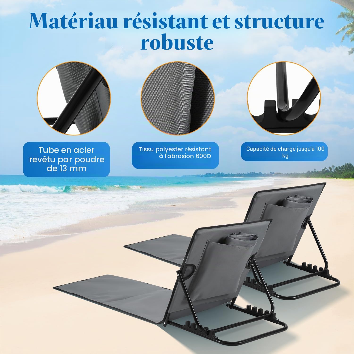Ikodm Tapis de plage pliable, tapis de plage rembourré, chaise longue de plage avec sac à main, compartiments de rangement, coussin intégré avec réglage à 5 vitesses, tissu résistant à l'usure (158 cm