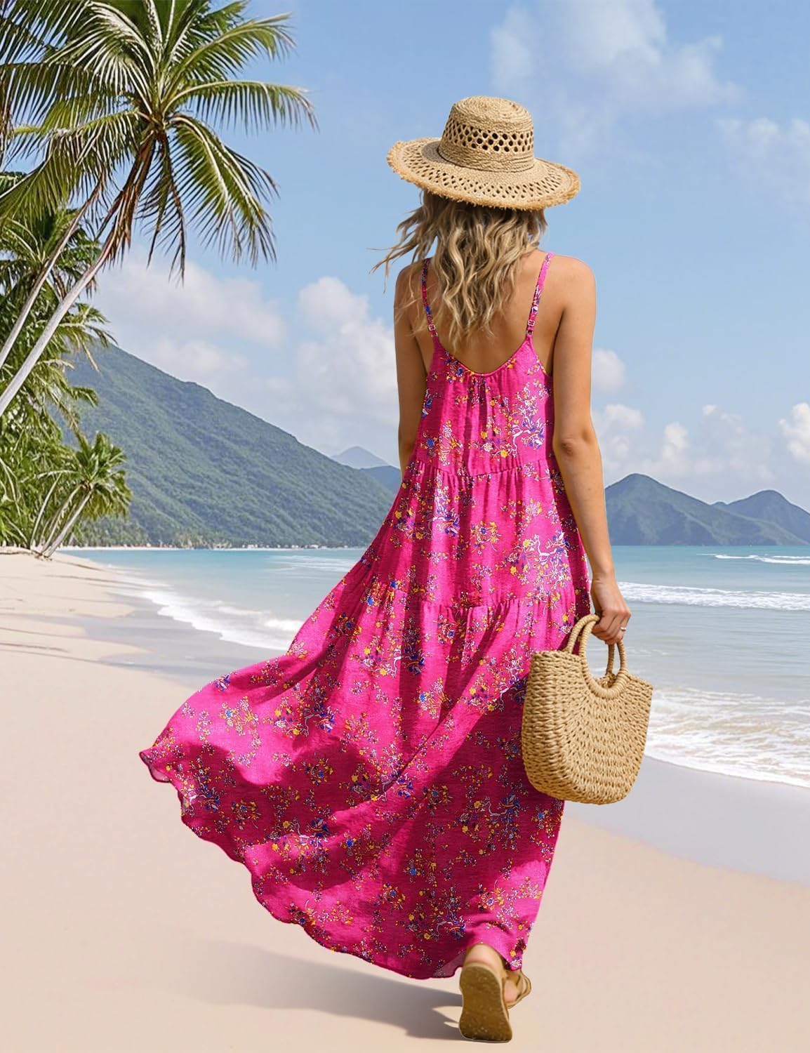 YESNO Summer Bohemian Floral Dresses for Women Spaghetti Straps Maxi Dress Casual Flowy Dresses with Pockets ES0 - Image 4