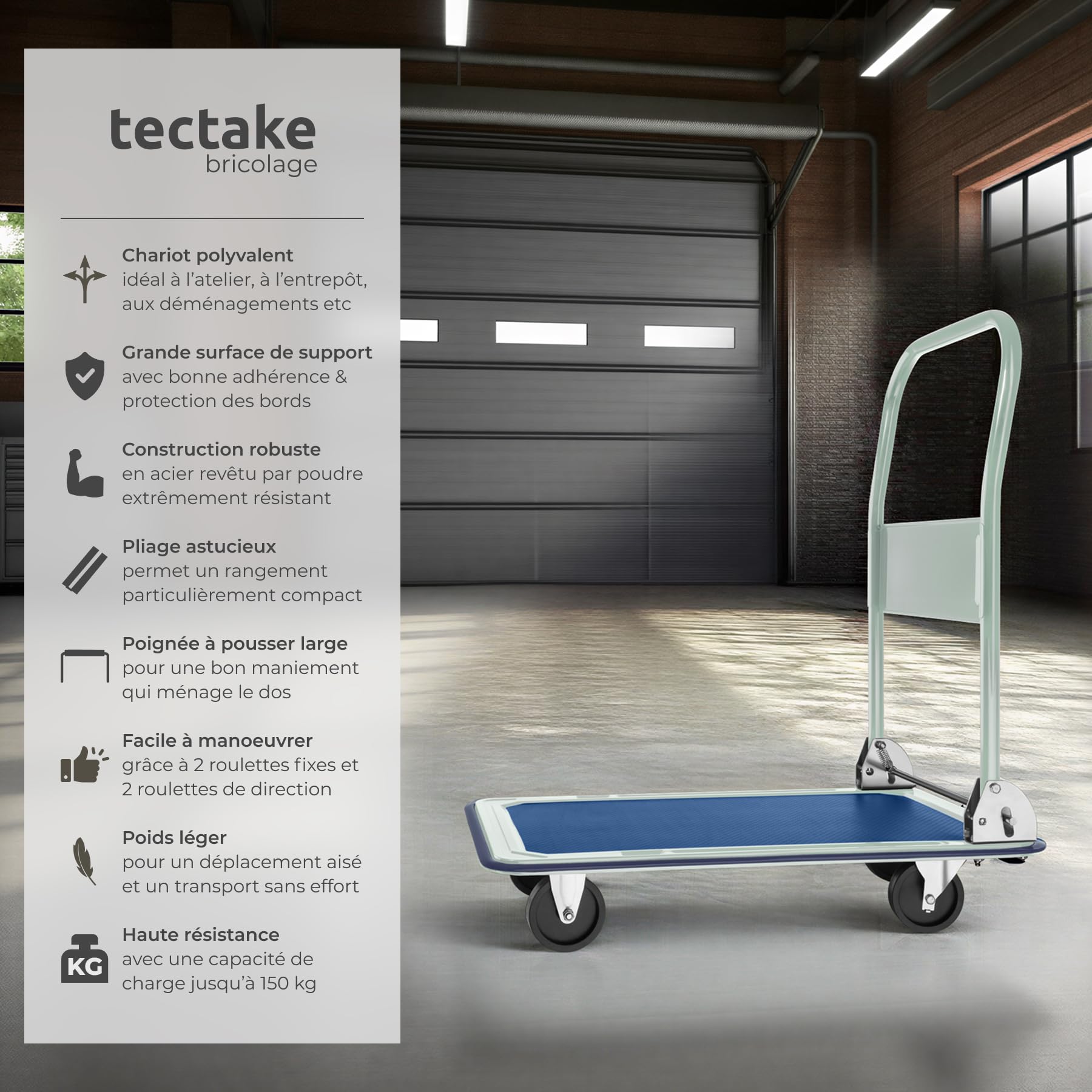 tectake® Chariot de transport plateforme à roulettes, Charge max. 150 kg, Chariot pliable Atelier Garage Magasin Demenagement, 2 Roues pivotantes et 2 fixes, Poignée Pliable par commande au pied, Vert