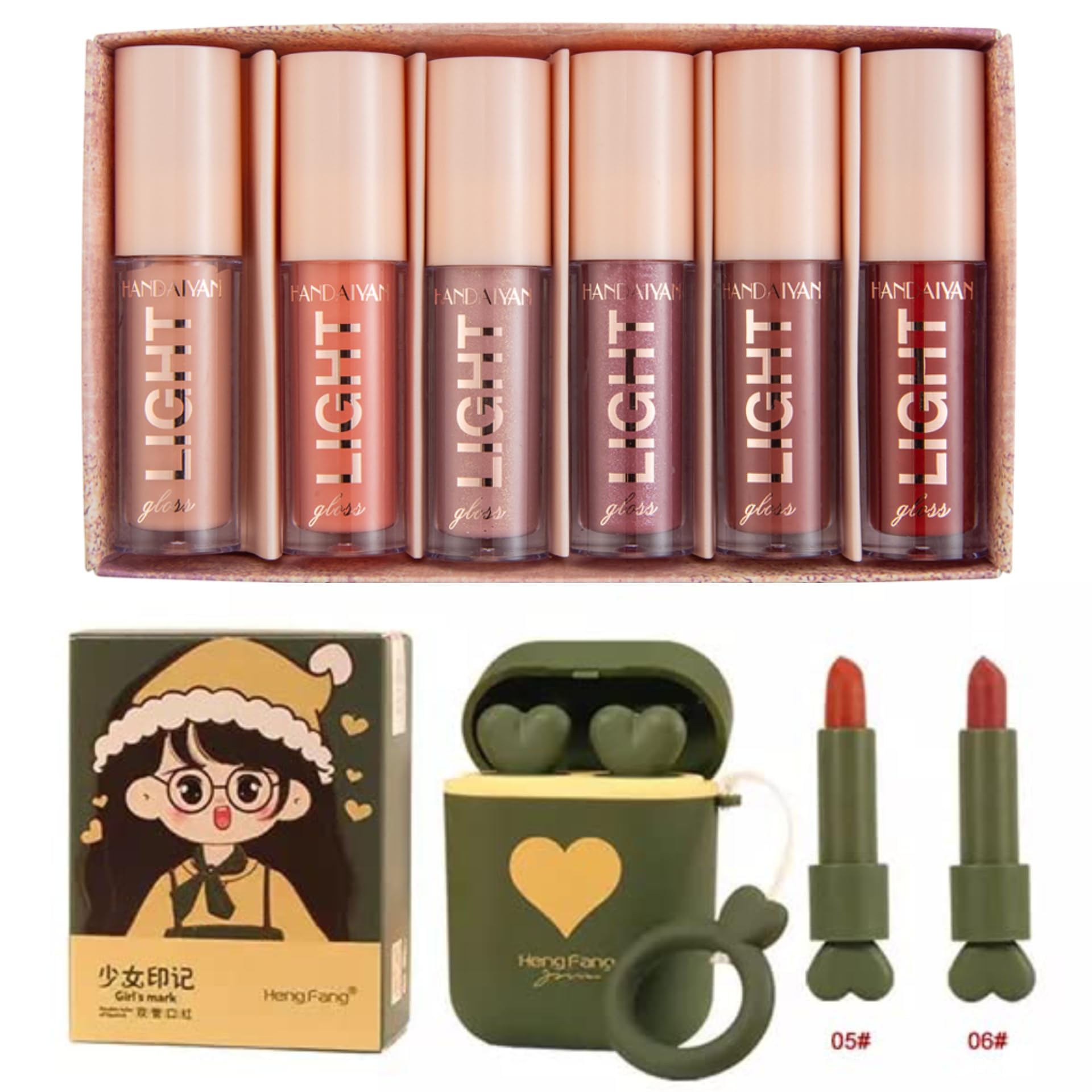 Lipsticks+6Pc LipGloss Set B Combo Pack - Heng Fang Dual-color Silky Matte Lipstick Set In Green Case (Lipstick Shade #5 & #6) and HANDAIYAN Lip Gloss 6 pc Set-B Light Gloss COMBO PACK