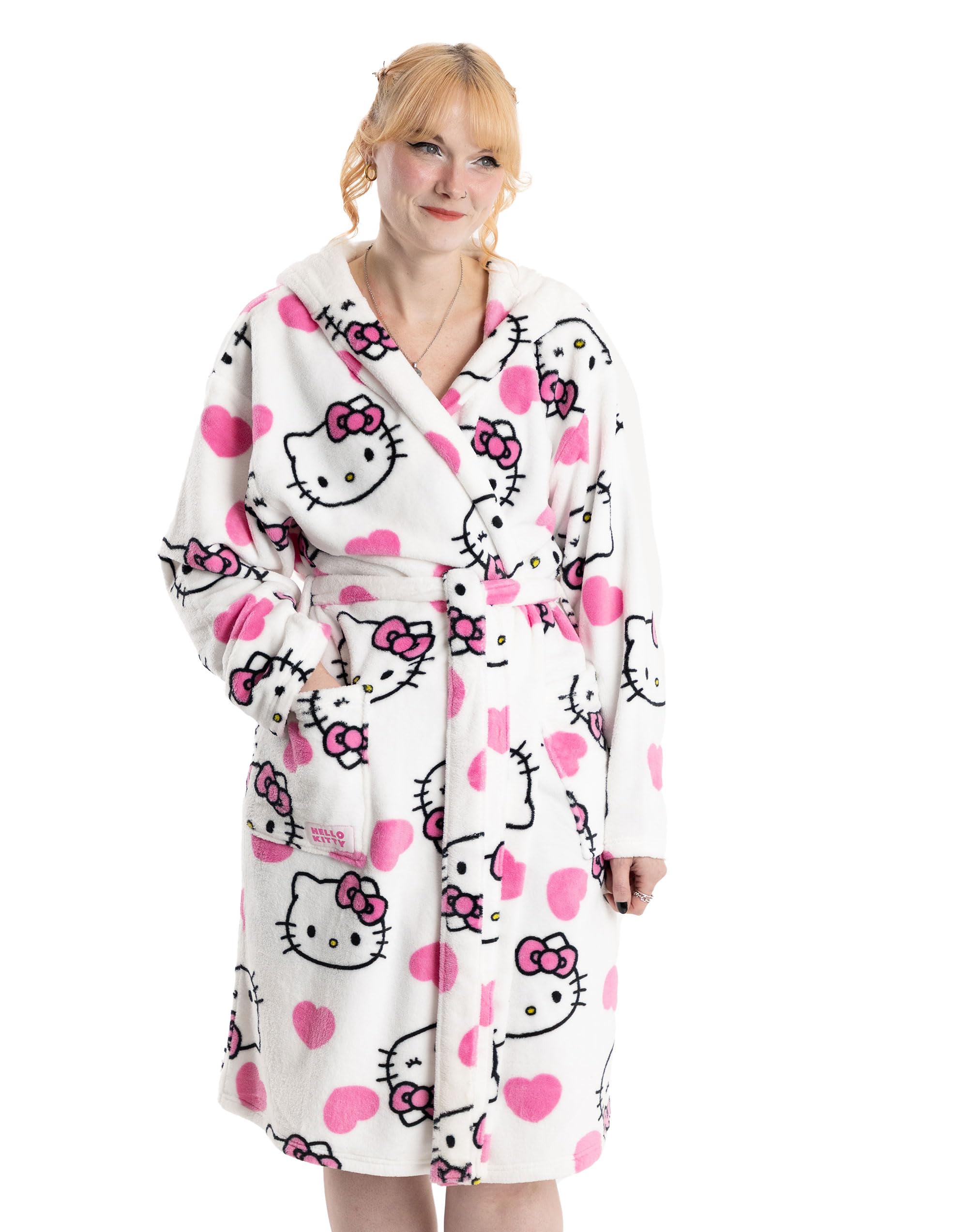 Hello Kitty Peignoir à capuche blanc pour femme | Tenue d'intérieur douillette en polaire avec touches roses et manches longues | Motif personnage de dessin animé