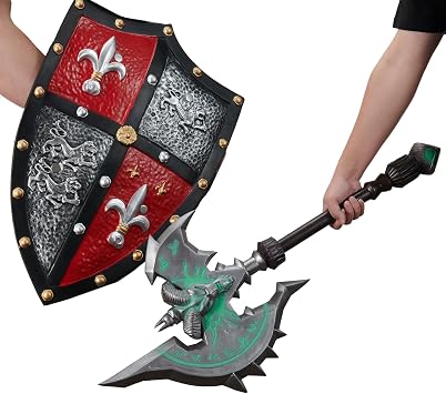 GoldenBall Middle Age Soldier Warrior Costume Foam Sword and Shield Set-Sapphire Axe & Red White Shield