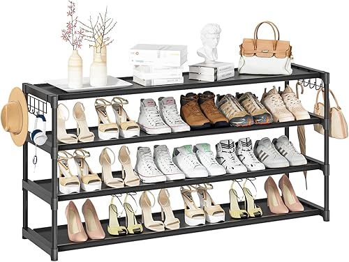 Zapatero largo de 4 niveles organizador de zapatos con 2 ganchos, amplio organizador de zapatos apilable para entrada de armario, estante de zapatos