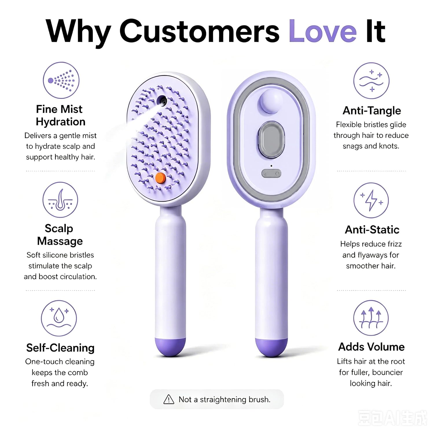 Electric Spray Air Cushion Massage Comb,Steam Brush for Hair,electric Hair Brush,Mist Brush, Scalp Comb for Frizz Control, Smooth Shine & Daily Care (Purple)