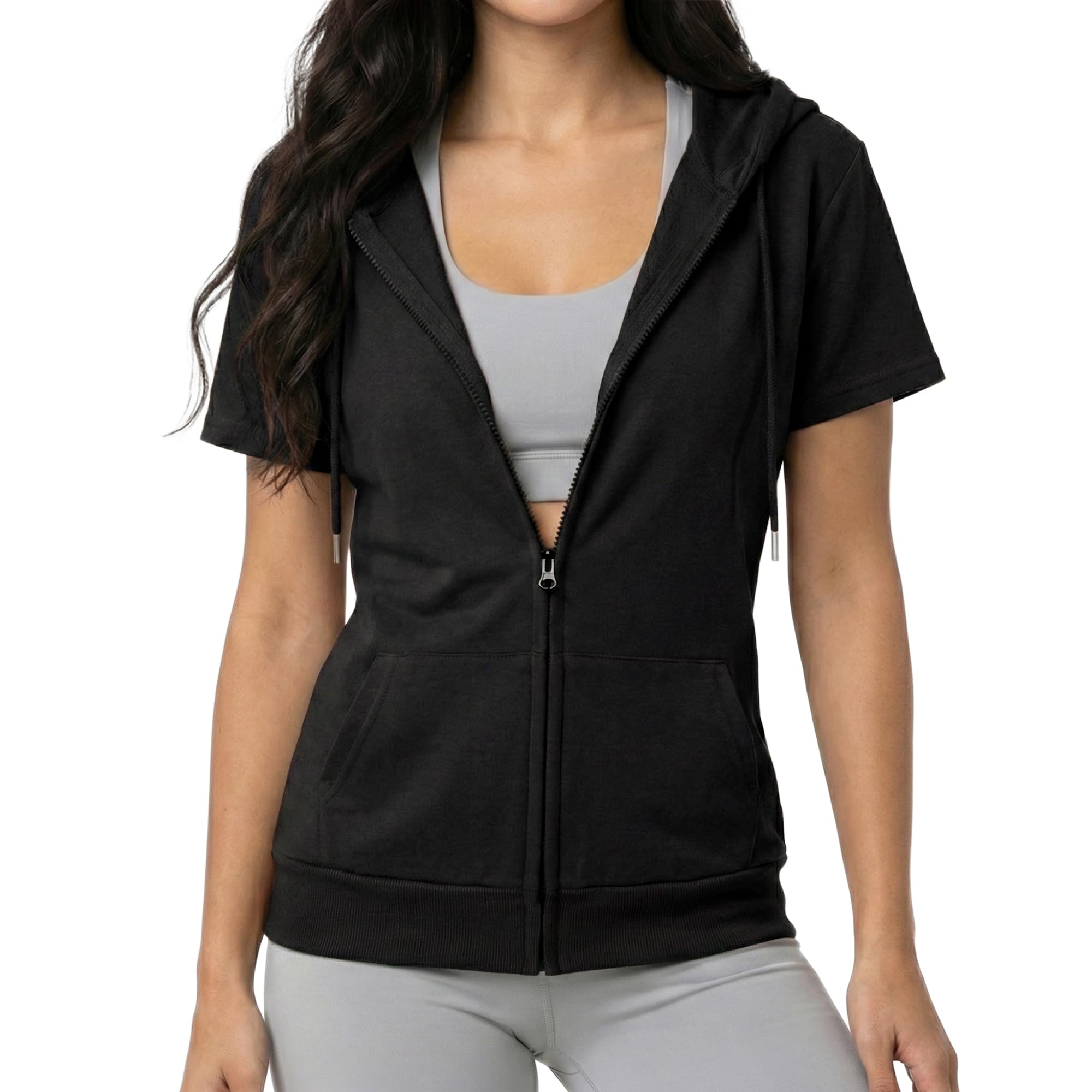 GIVON Womens Slim Fit Zip Up Hoodie Short Sleeve Thin Jacket Full Zip Sweatshirt with Plus Size, Dcf256-black, Large
