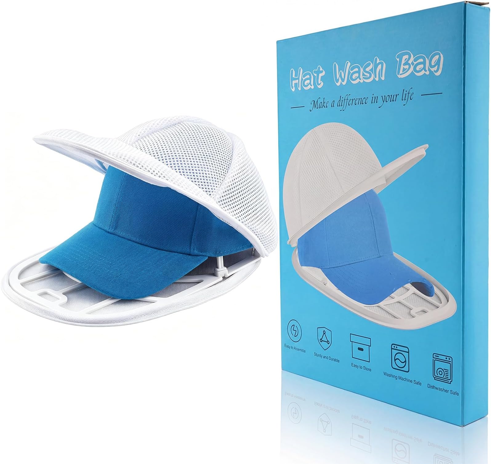 Hat Cleaner Cage for Baseball Caps, Washing Machine or Dishwasher - Ball Cap Frame for Flat & Curved Hats - 1-Pack White
