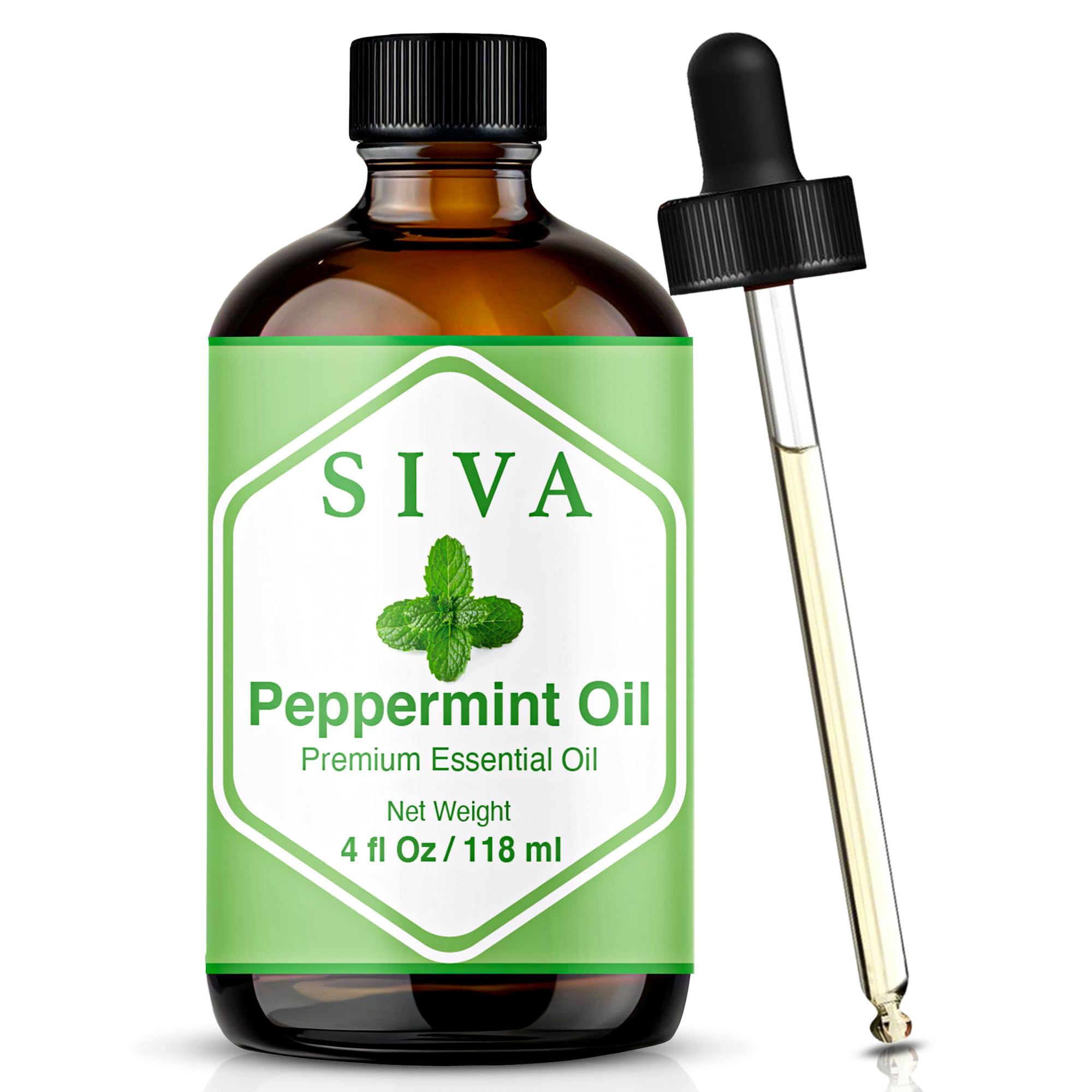 SIVA Peppermint Essential Oil - 4 Fl Oz – Natural Peppermint Oil - for Diffuser, Face, Skin Care, Aromatherapy, Hair Care, Scalp and Body Massage - with Dropper