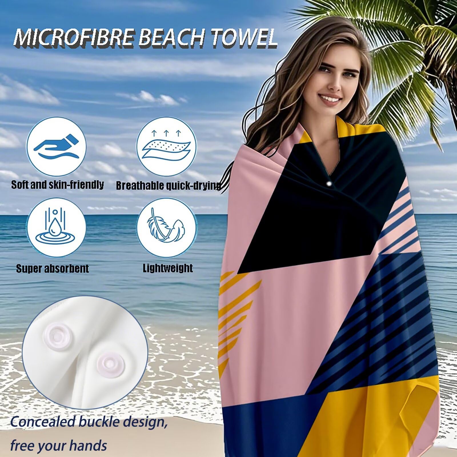 Serviette de Plage Microfibre Serviette Plage 100x220 2 Pack Séchage Rapide, Anti-Sable, Absorbante Fonction drap de plage xxl pour Bain, Sport, Voyages, Sauna, Piscine, Yoga, avec Sac Géométrie Q-780