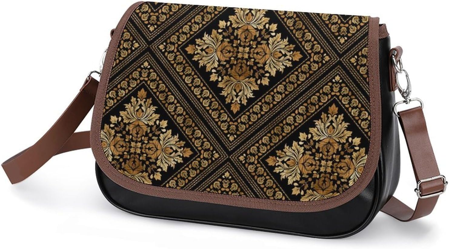 Oriental Vintage Damask Pattern - Black And GoldWomen's Faux Leather Crossbody Bag, Waterproof Wrinkle-Resistant Shoulder Bag with Detachable Strap, Large Capacity Casual Handbag, Fashion Daily Purse