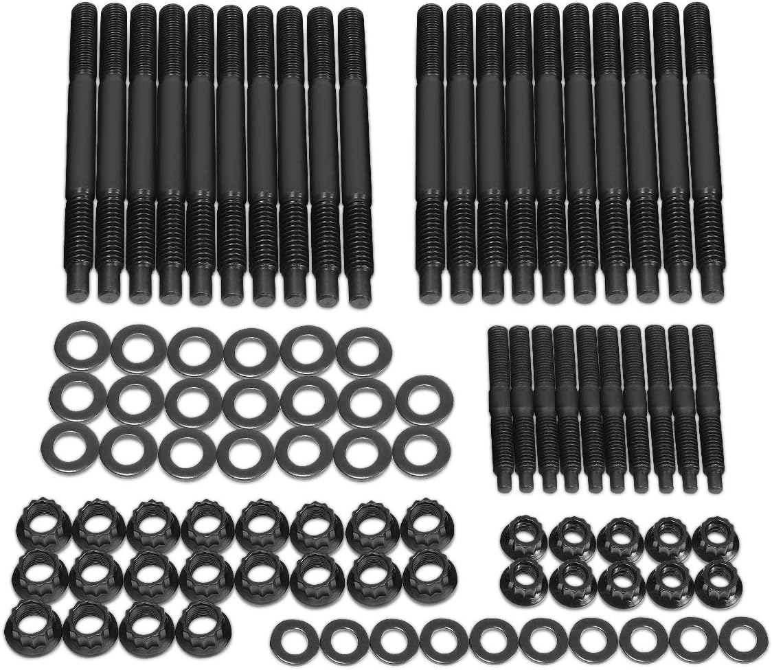 DNA MOTORING LEPOW-015 Steel 12-Point Cylinder Head Studs Nuts Set For 04-Newer LS1 LS3 Chevy LS1 LS6 L98, Black