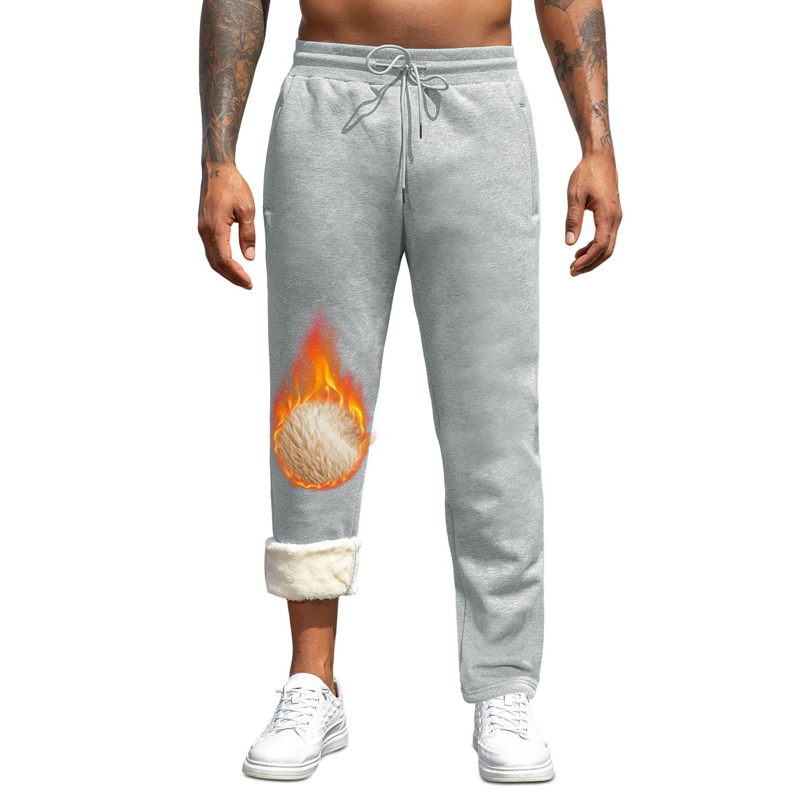 TMEOG Trainingsbroek voor heren, winter, sweatbroek, katoen, thermobroek, fleecebroek, sportbroek voor thuis, joggen, met trekkoord en ritszak, Donkergrijs, L