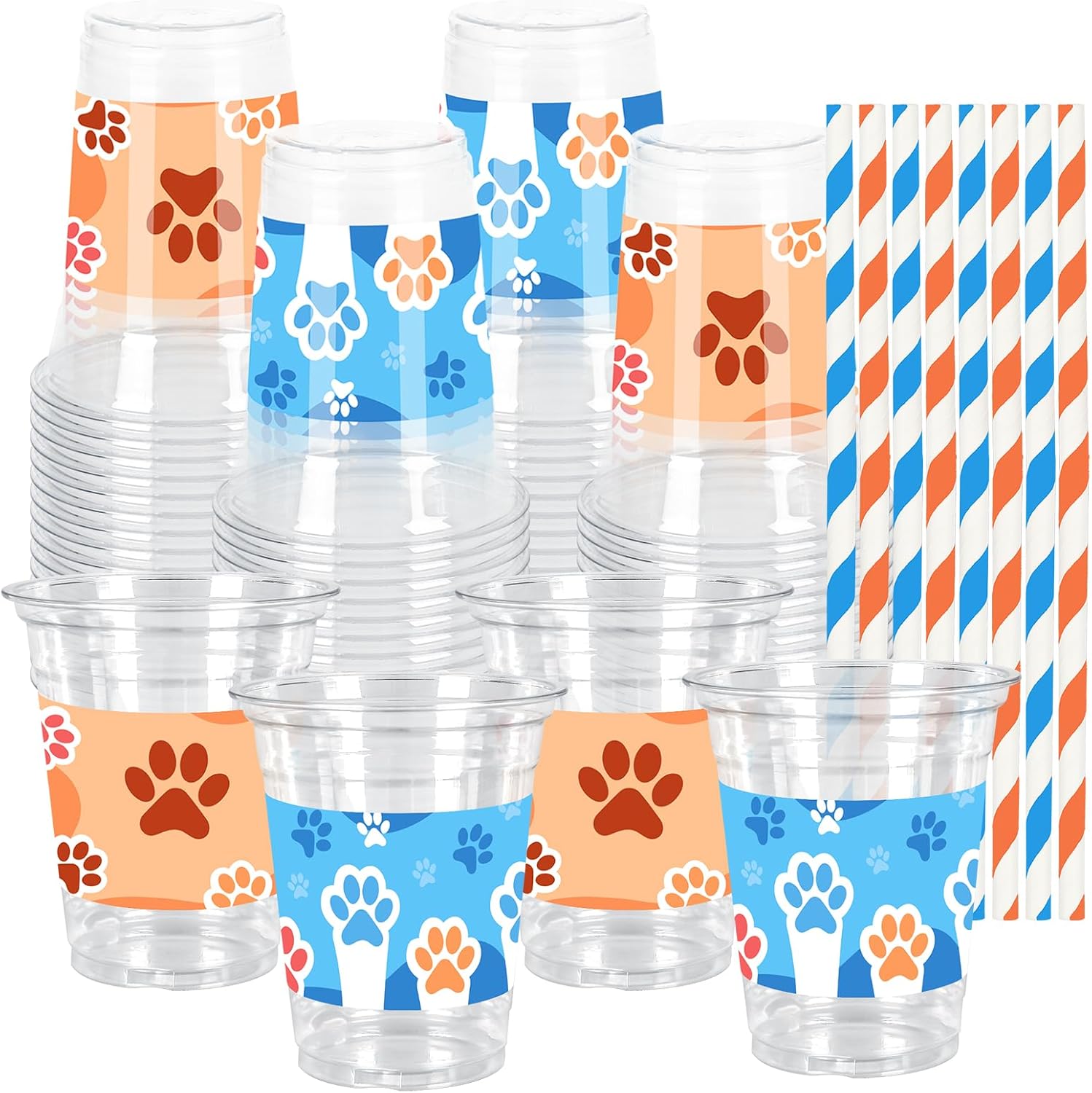 Whaline 50Pcs 12Oz Dog Paw Plastic Cups with Lids & Straws Blue Orange Paw Print Disposable Drinking Cups for Birthday Baby Shower Party Supplies