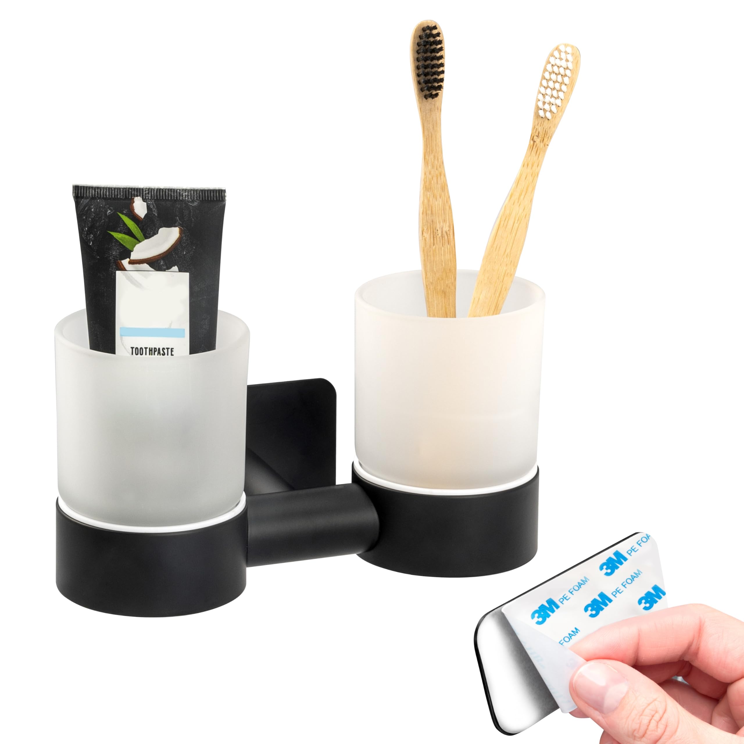 bremermann Bad-Serie Piazza Black Tape - Doppel-Glasbecherhalter ohne Bohren, mit Klebepad - selbstklebend - Becherhalter, Zahnbürstenhalter, aus Glas und Edelstahl, matt schwarz