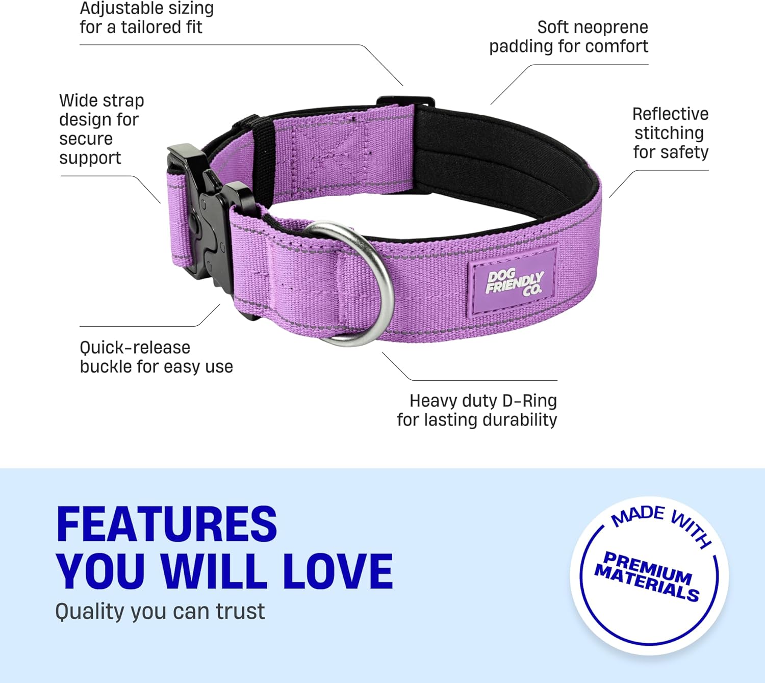 Dog Friendly Co. Tactical Dog Collar | Comfortable & Secure | Quick Release Clip Buckle and Heavy Duty D-Ring | Soft Padded Neoprene, Chafe Resistant, Night-Time Visibility | Purple, Size M