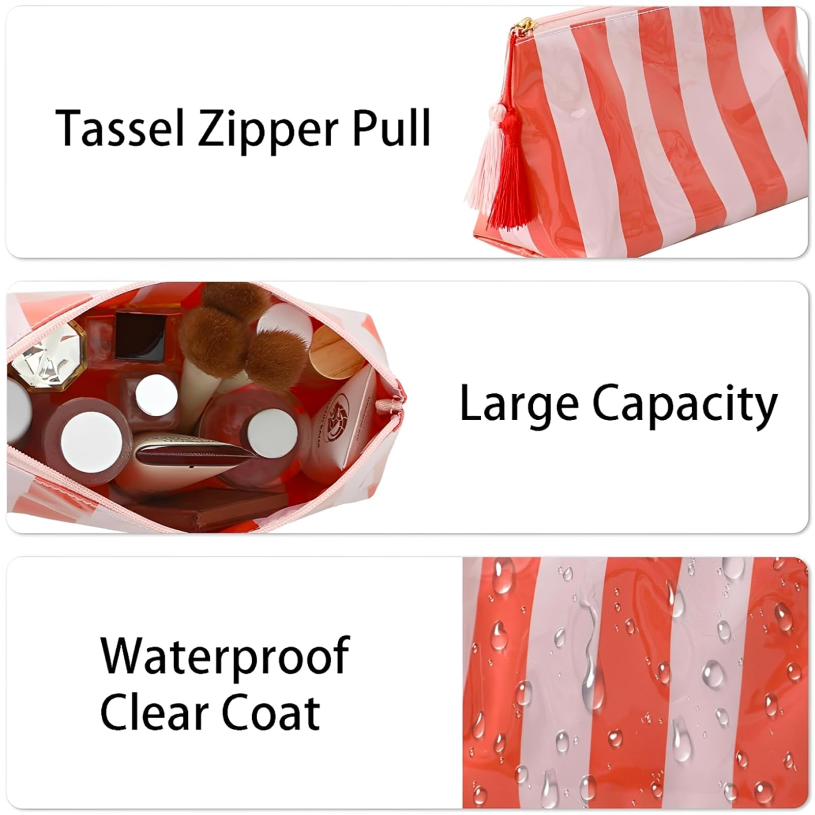 Borsa Cosmetica da Viaggio Donna Astuccio da Toilette a Righe Arancione Beauty Case Impermeabile in PVC con Cerniera Porta Trucchi Trousse Organizer Portatile per la Spiaggia e le Vacanze Estive