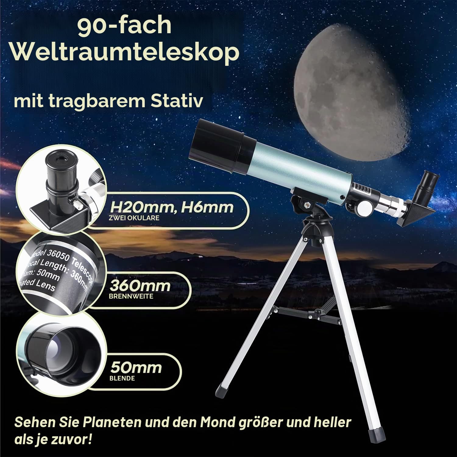 Teleskop für Kinder, 360/50mm Astronomisches Teleskop Refraktor Weltraum Fernrohr Landschaft Teleskope Tragbares Reiseteleskop mit Stativ, Kinder Geschenke für Kinder & Einsteiger.