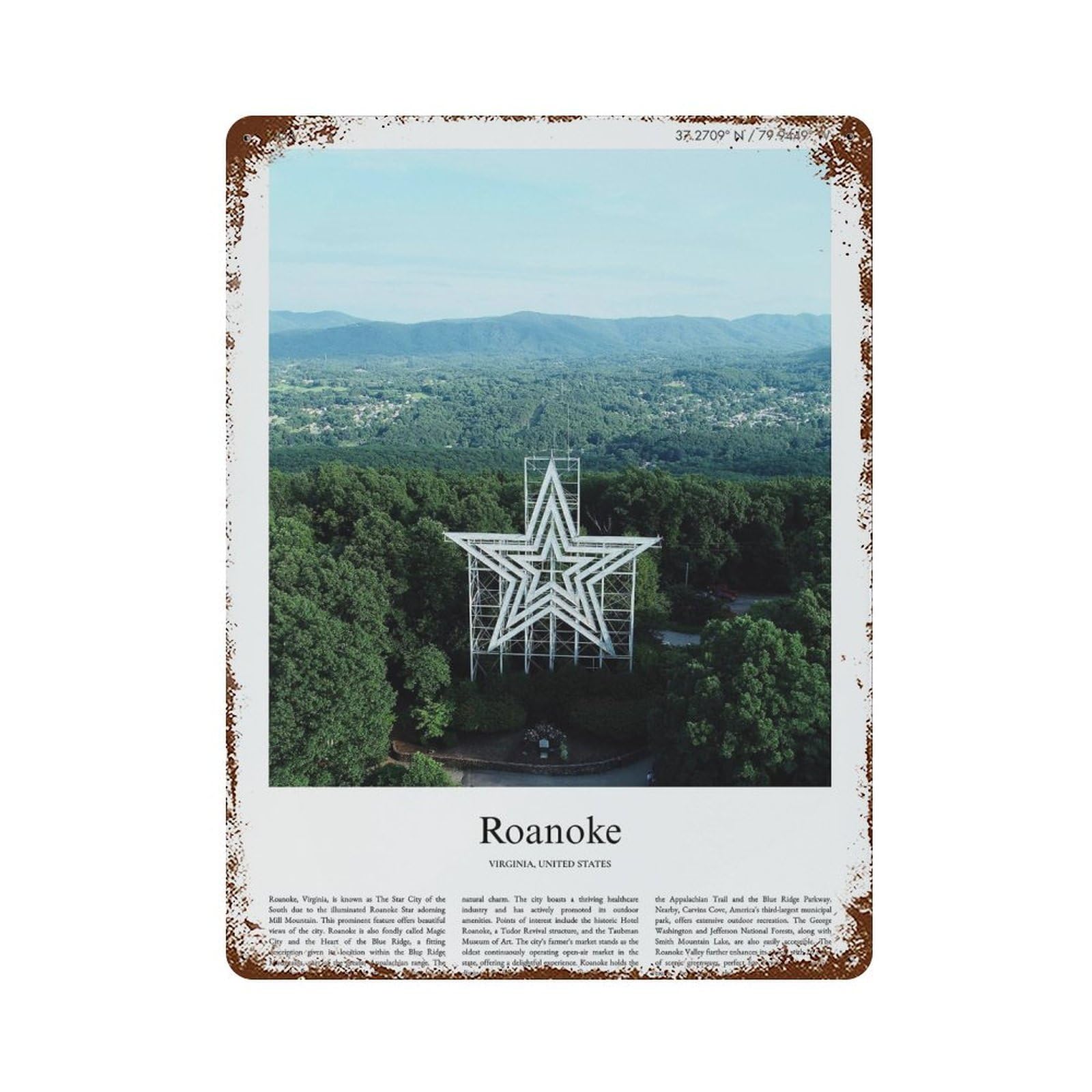 xiaoxiaoshen Roanoke Virginia, United States, USA City Scenery Wall Decor Art Metal Tin Poster Modern Home Decor Art Home Bar Shop Decorations Vintage Sign 40x30cm