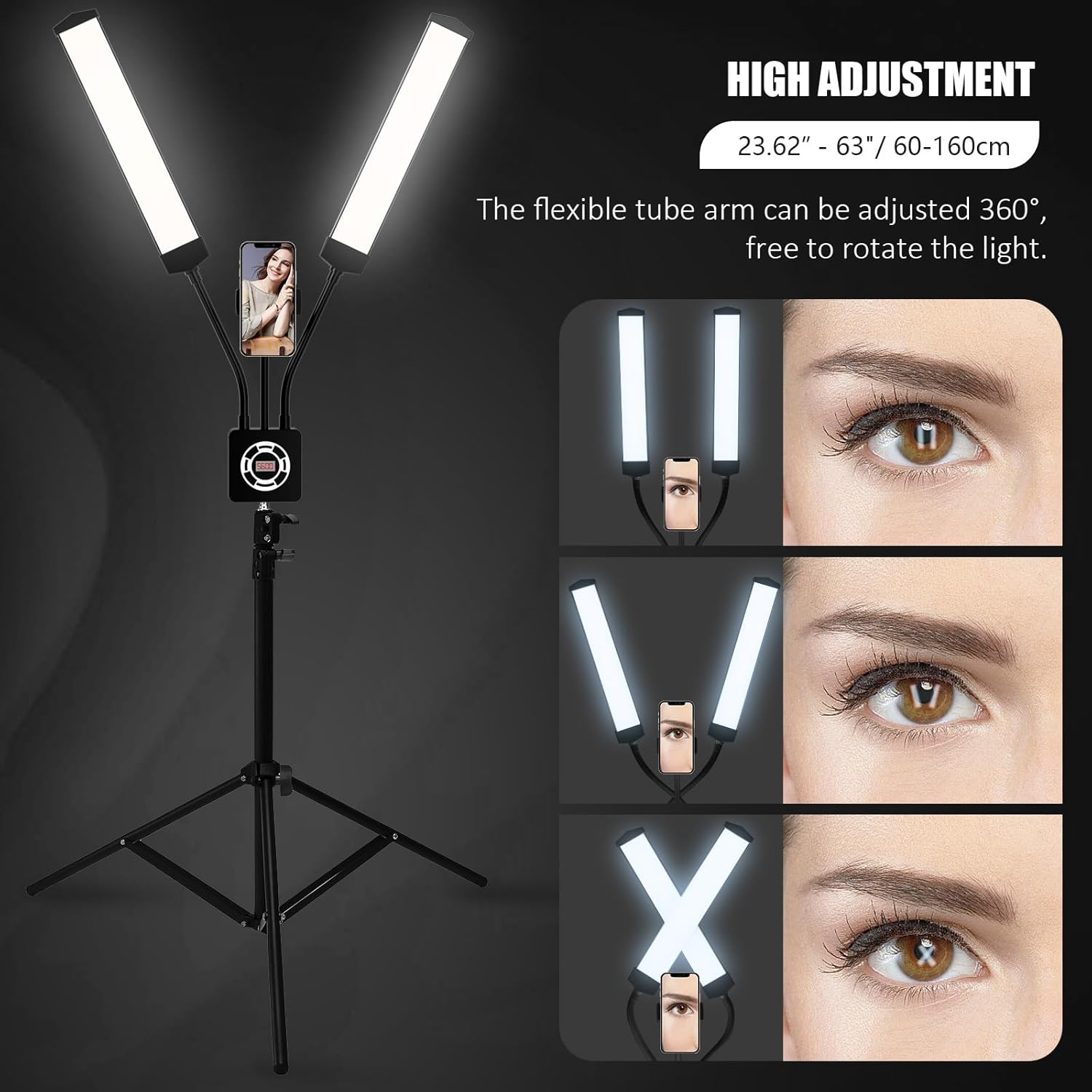 Esthetician Light with Tripod Stand and Phone Holder, Floor Lamp, Lash Lamp for Eyelash Extensions, [Upgrade] Touch Switch Lash Light for Makeup, Tattoo, Photography, Selfie, Video Recording（Black）
