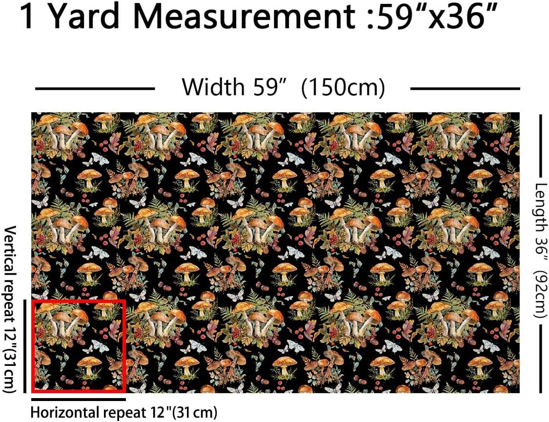 Watercolor Mushroom Fabric by The Yard Colorful Wild Leaves Jungle Butterfly Fabric for Sewing Supplies Rustic Garden Oil Painting Style Fabric for Room Decor and DIY Upholstery 2 Yards,72" L x 59" W