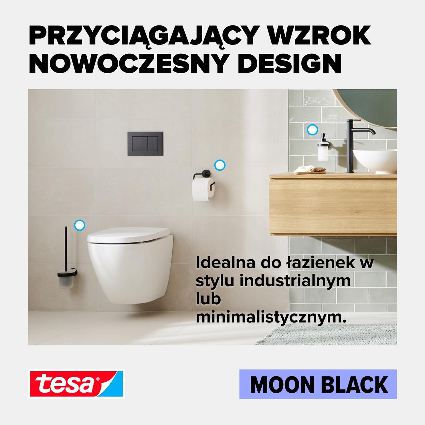 tesa MOON BLACK haczyk na ręcznik, czarny mat - do łazienek w stylu industrialnym - bez wiercenia, samoprzylepny - 37 mm x 37 mm x 36 mm