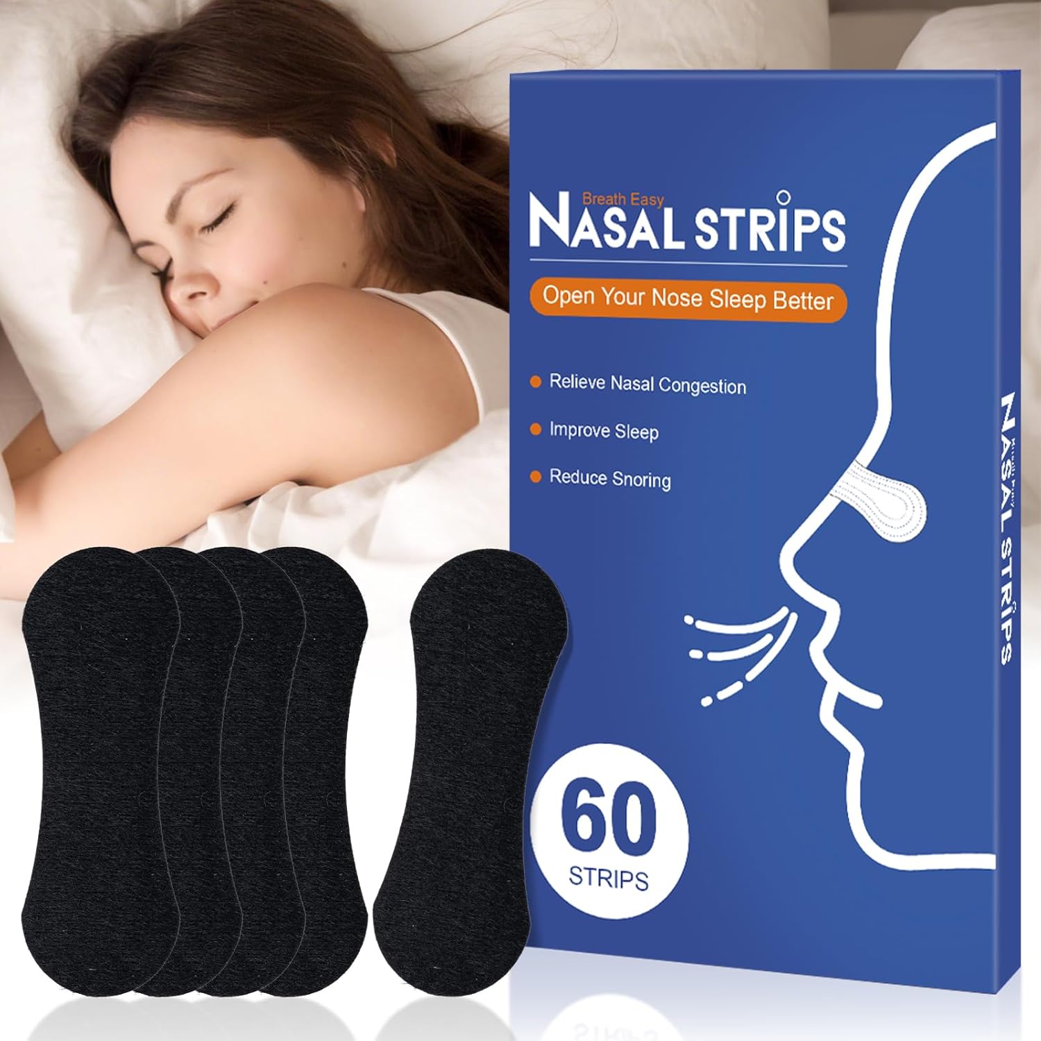 Nasal Strips for Snoring,60 Ct Nose Strips for Breathing, Promote Deeper Sleep & Enhance Sports Performance, Sweat-Resistant for Men and Women