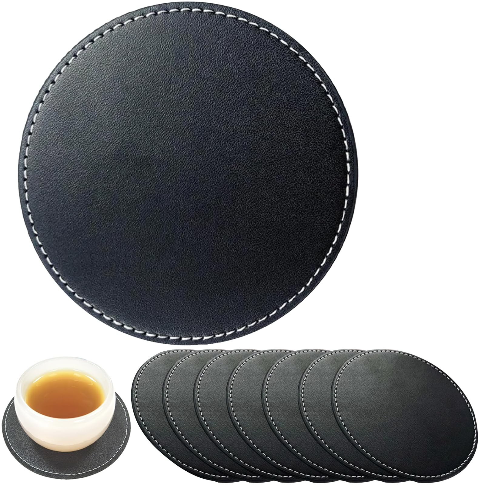 Lot De 8 Sous-verres Ronds En Cuir Noir – Antidérapants, Lavables, Pour Tasses, Verres Et Boissons