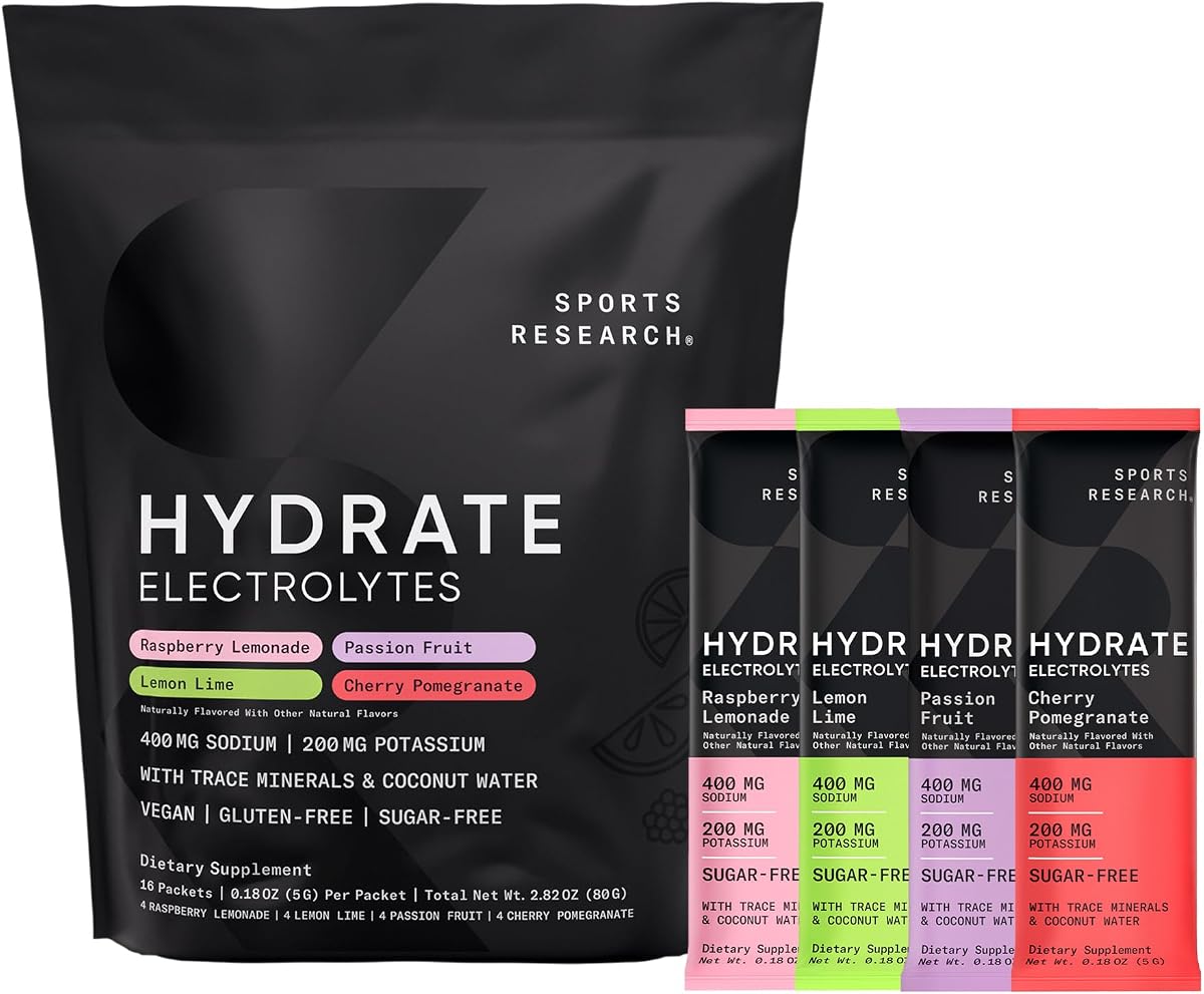 Hydrate Electrolytes, 16 Variety Packets | Sugar-Free Passion Fruit (4), Cherry Pom. (4), Lemon Lime (4), Raspberry Lemonade (4) w/ Vitamins, Minerals, & Coconut Water
