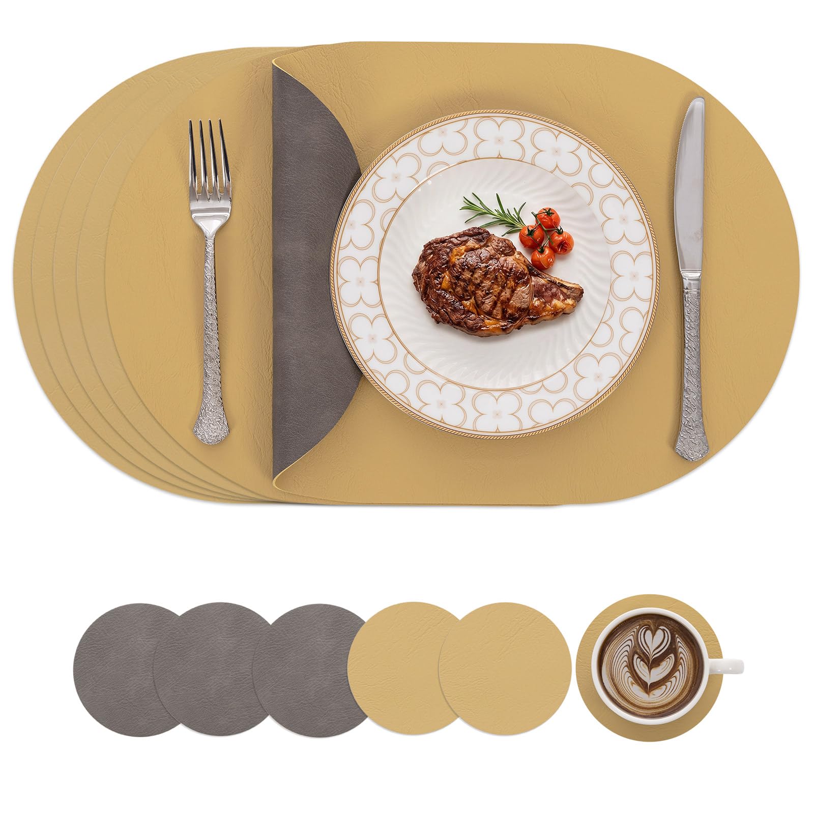 SHACOS Leather Table Mats Set of 6 Washable Dual Sided Placemat Heat Resistant Wipeable Placemats and Coasters Non Slip Waterproof Place Mat for Kitchen Dining Taupe Yellow