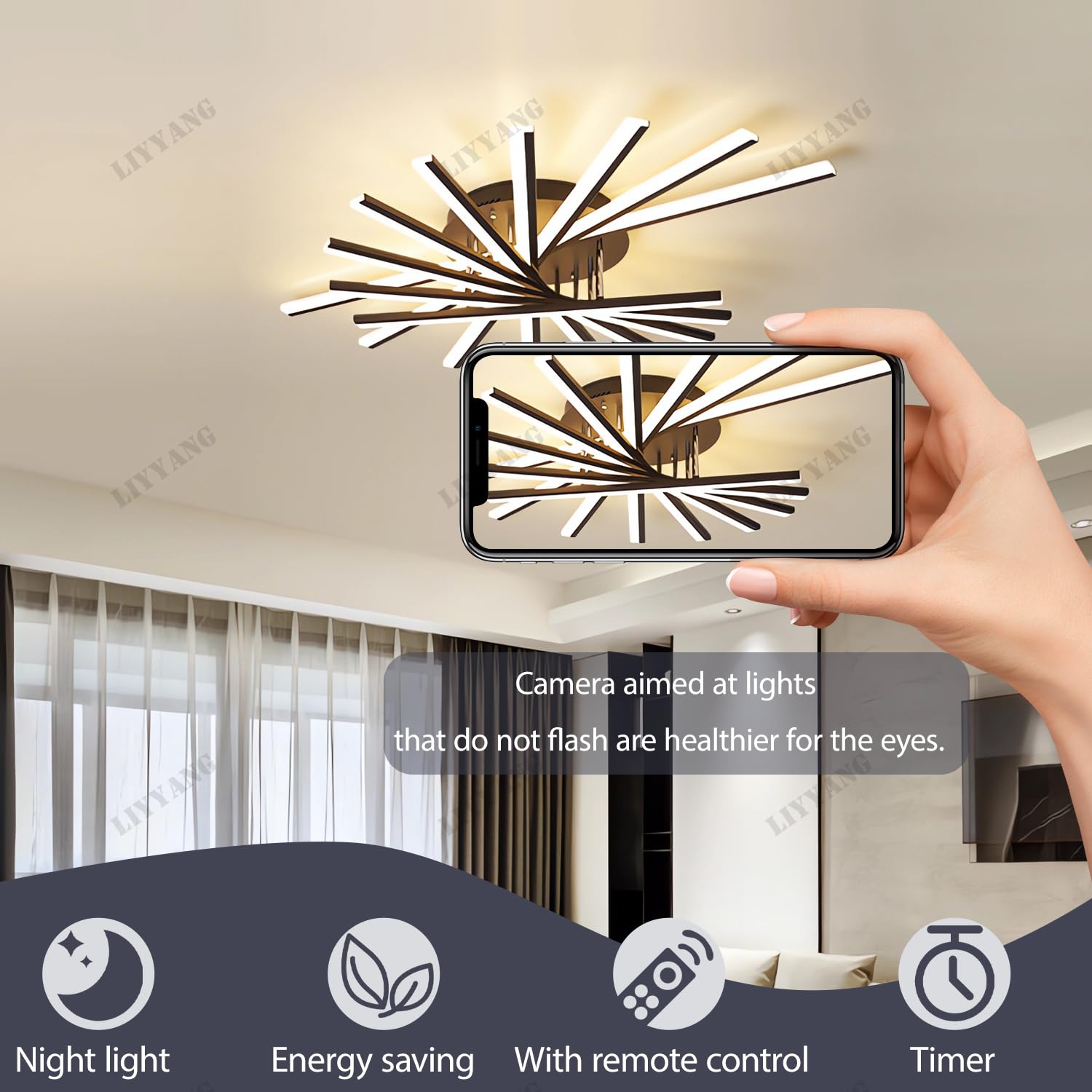 Dimmbare LED Deckenleuchte Moderne Deckenbeleuchtung mit Fernbedienung Deckenlampe Große Wohnzimmer Decke Licht Kreative Rundleuchte für Schlafzimmer Esszimmer Büro Küche (Schwarz, 9 Köpfe)